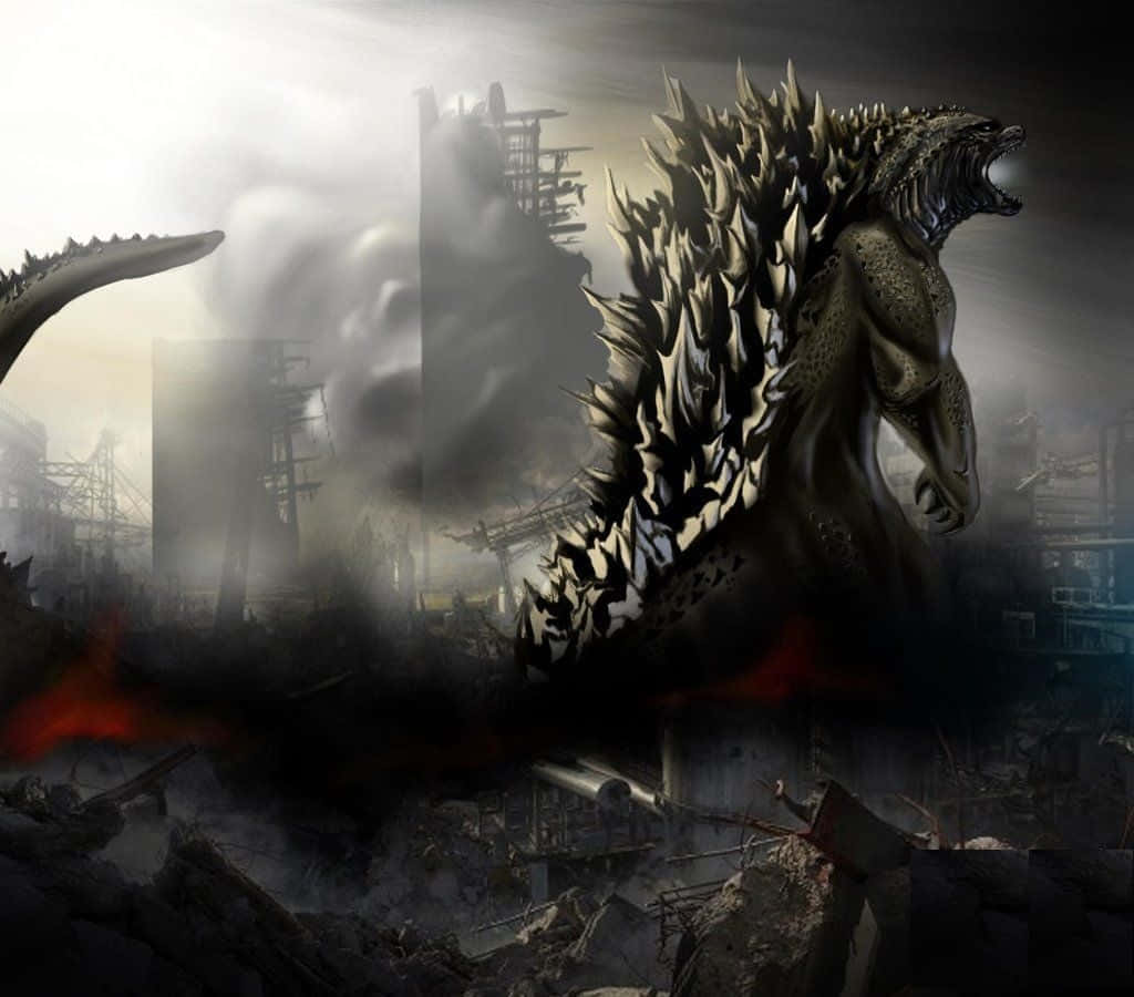 Godzilla 2014 桌布 壁紙 — 一隻巨大的哥吉拉在煙霧瀰漫的廢墟城市景觀中咆哮，周圍是破碎的摩天大樓和燃燒的碎片。