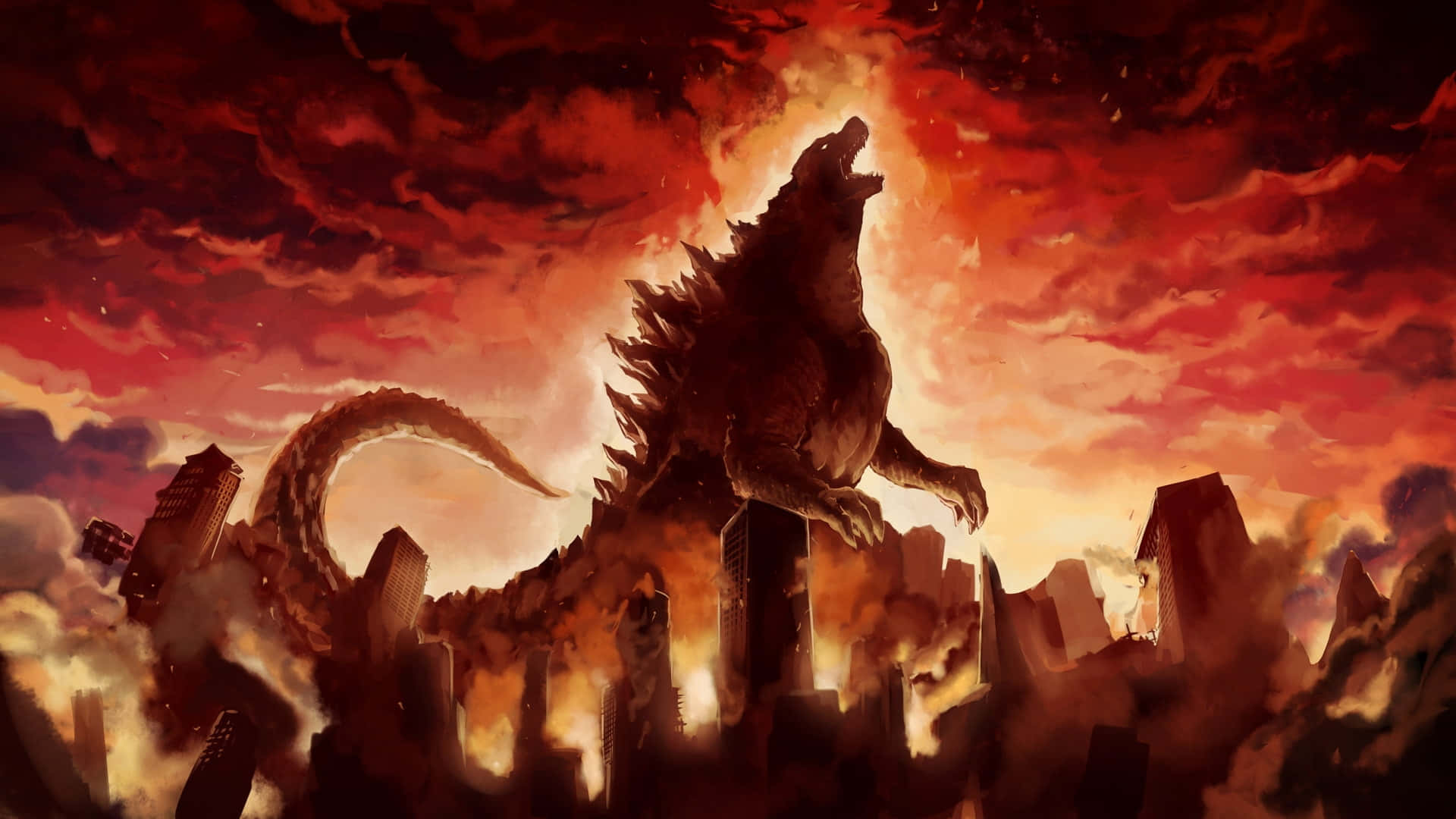Godzilla City Destruction 桌布 壁紙 — 一隻巨大的哥吉拉在燃燒的城市景觀頂部咆哮，天空呈現火紅橙色，充滿煙霧和破壞。