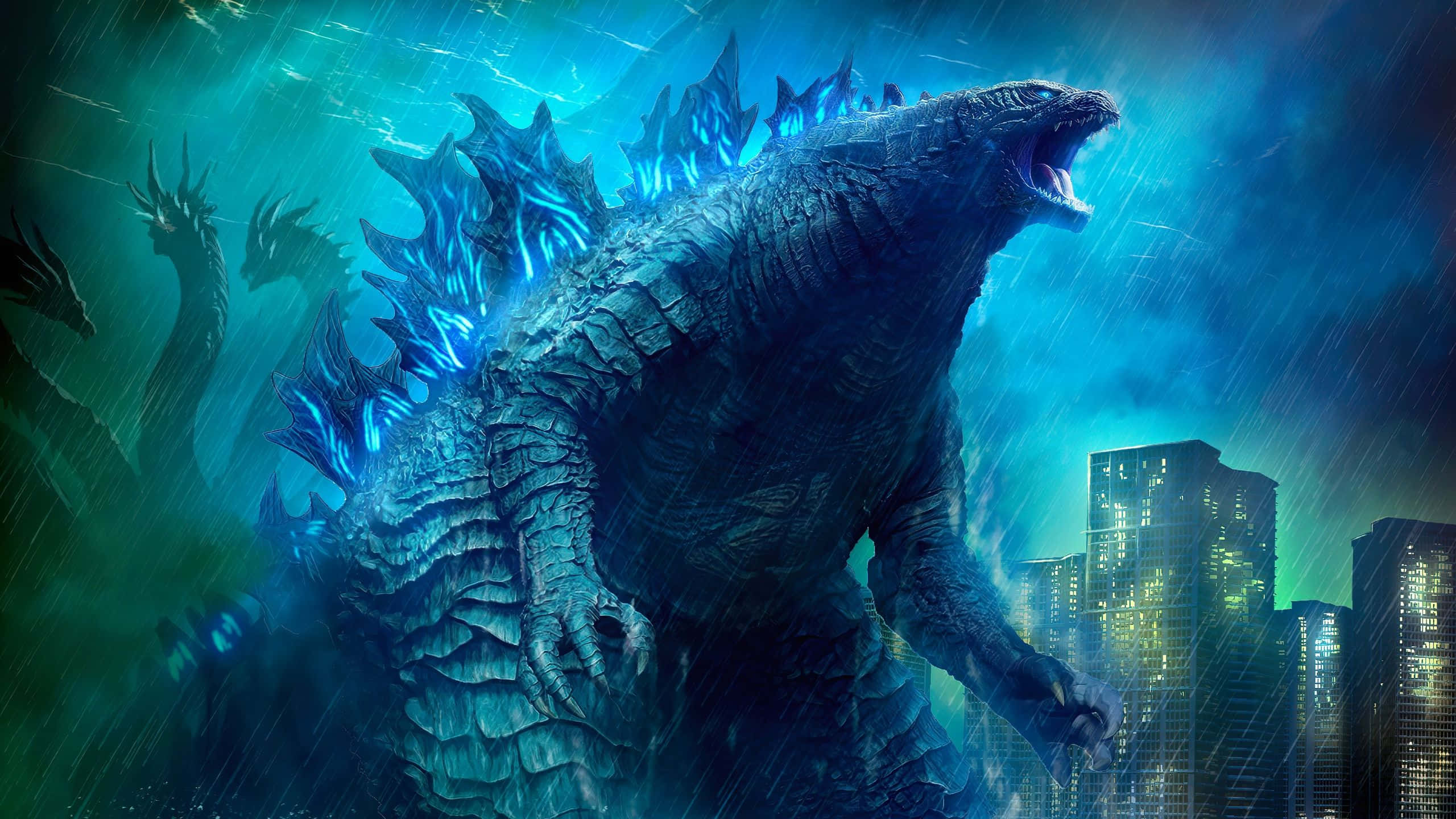 King Ghidorah 桌布 壁紙 — 一隻巨大的哥吉拉在雨中的城市景觀中咆哮，背景是發光的藍色背鰭和高聳的摩天大樓。