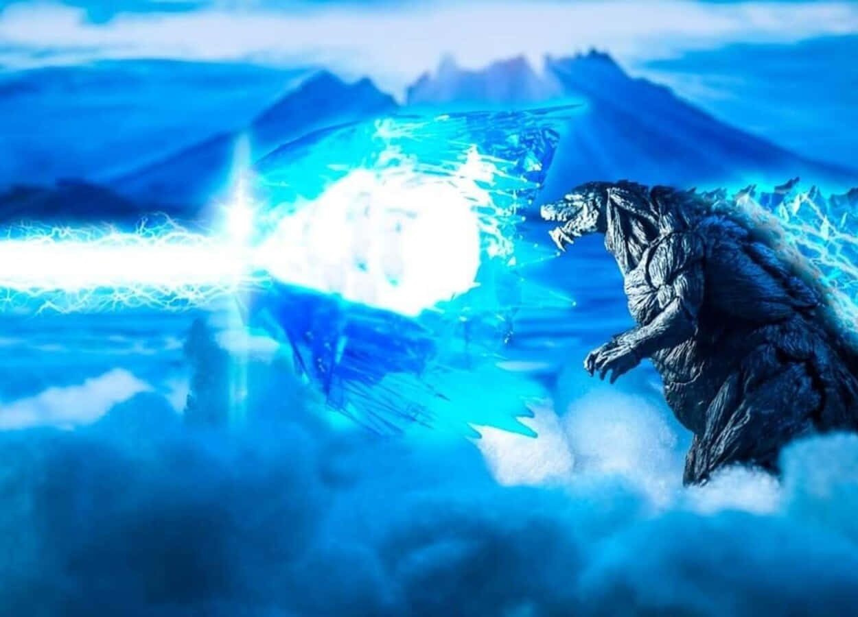 Godzilla Earth 桌布 壁紙 — 一隻巨大的哥吉拉從暴風雲中出現，在群山背景下釋放出刺眼的藍色原子吐息。
