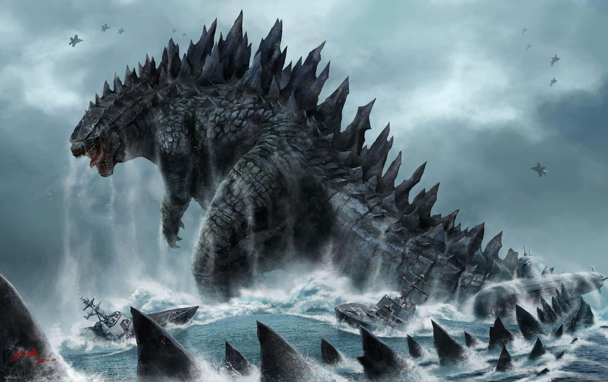 Godzilla Earth 桌布 壁紙 — 一隻巨大的哥吉拉從波濤洶湧的大海中出現，用其佈滿尖刺的背部碾壓軍艦，高聳於翻騰的波浪之上。