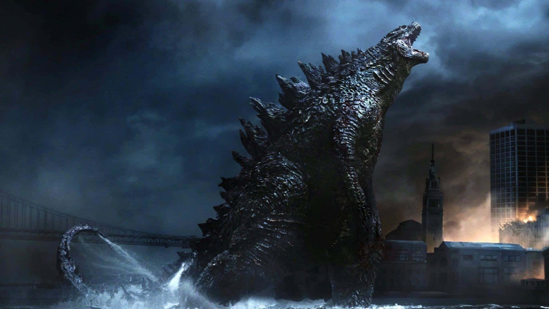Godzilla 1954 桌布 壁紙 — 一隻巨大的哥吉拉從波濤洶湧的海水中出現，聳立在燃燒的城市景觀之上，天空陰暗而險惡。