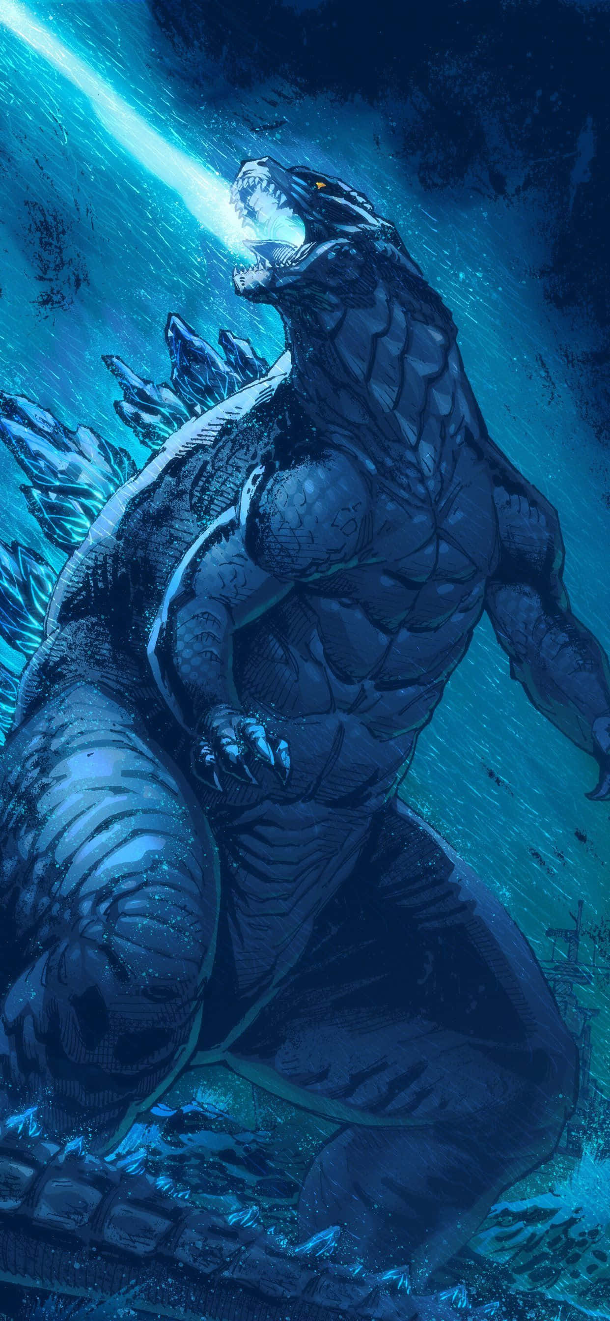 Godzilla Art 桌布 壁紙 — 一隻巨大的哥吉拉從深藍色的海洋中出現，咆哮著，口中發出發光的射線。