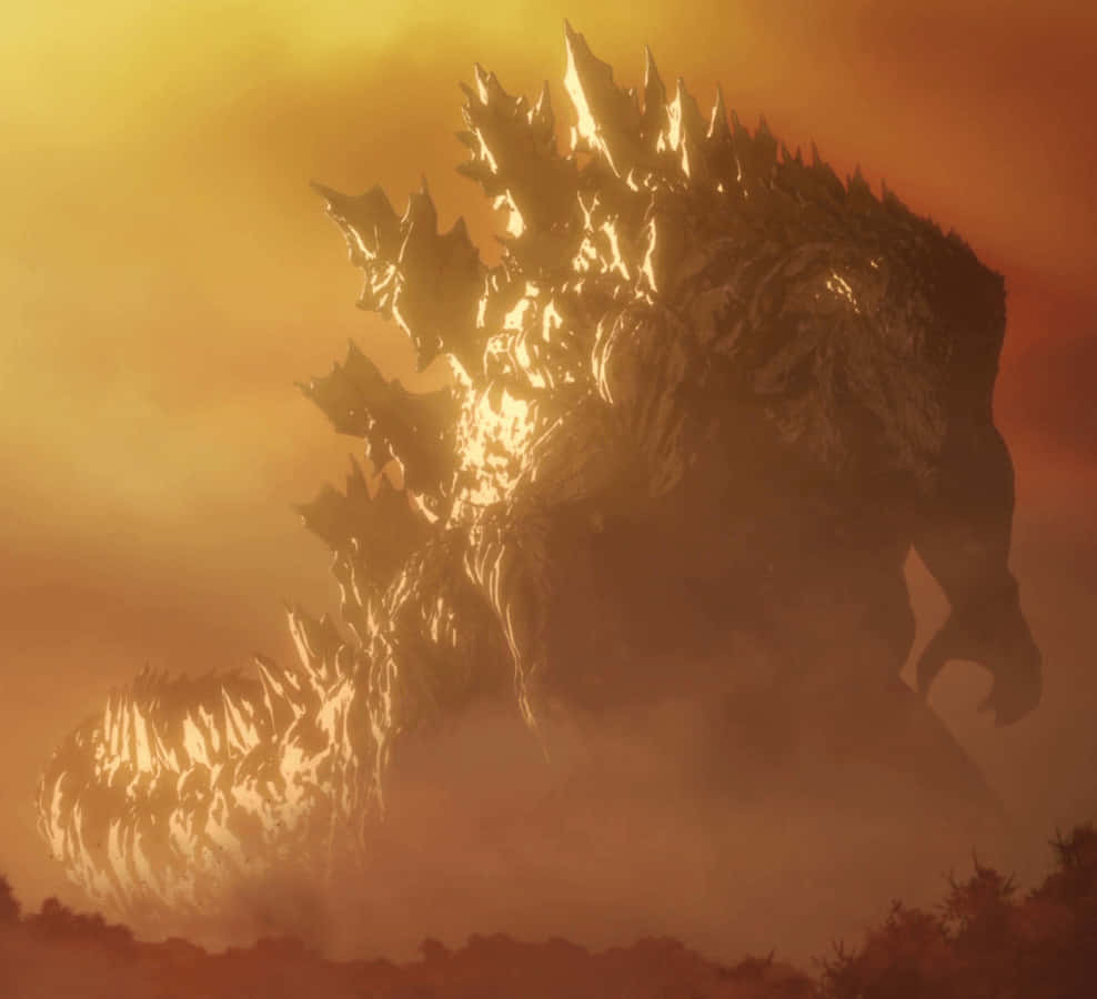 Godzilla Earth 桌布 壁紙 — 一隻巨大的哥吉拉從煙霧中出現，在火紅色的天空下，背鰭發光。