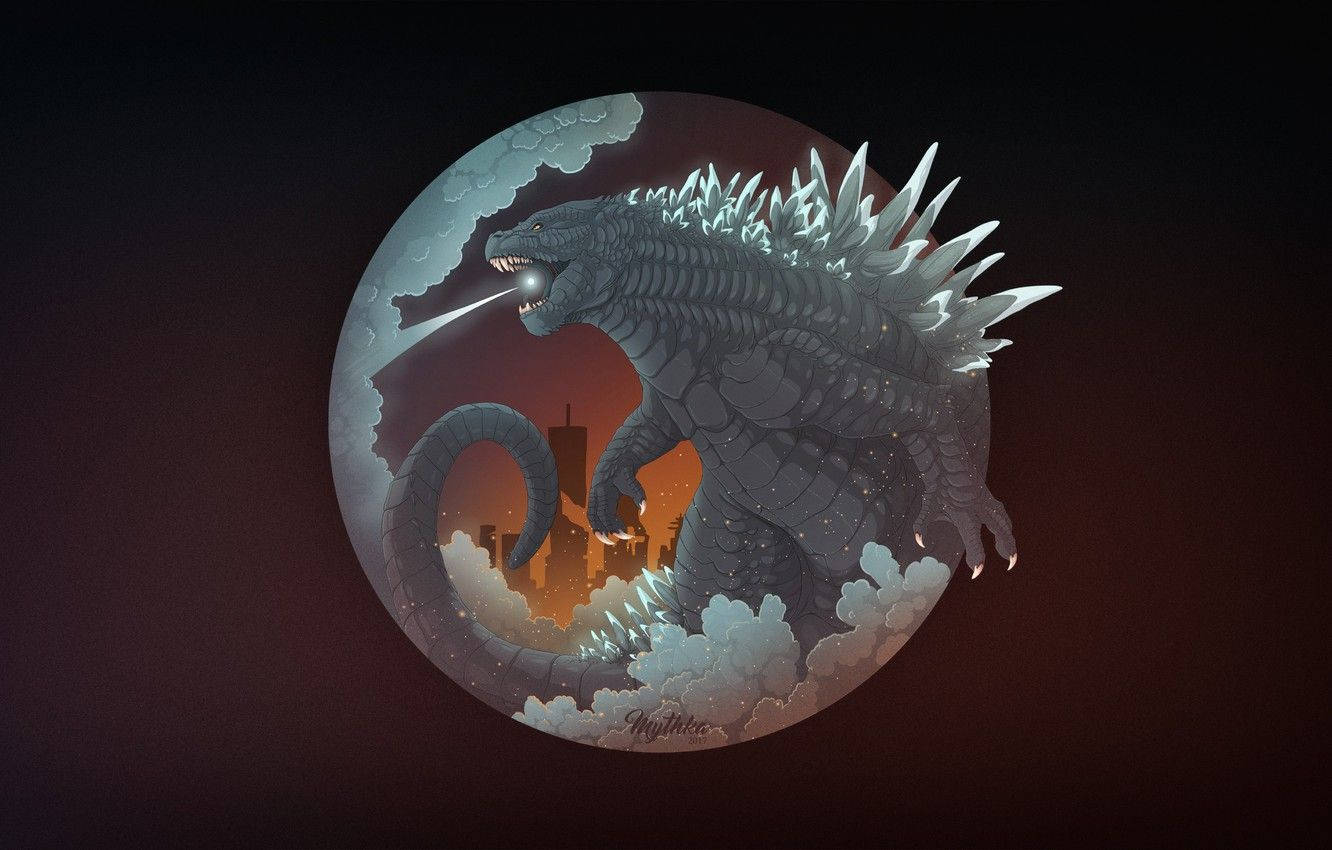 哥吉拉 II 怪獸之王 桌布 壁紙 — 一隻巨大的哥吉拉從發光的月亮中出現，在夜晚向燃燒的城市景觀噴射原子火焰。