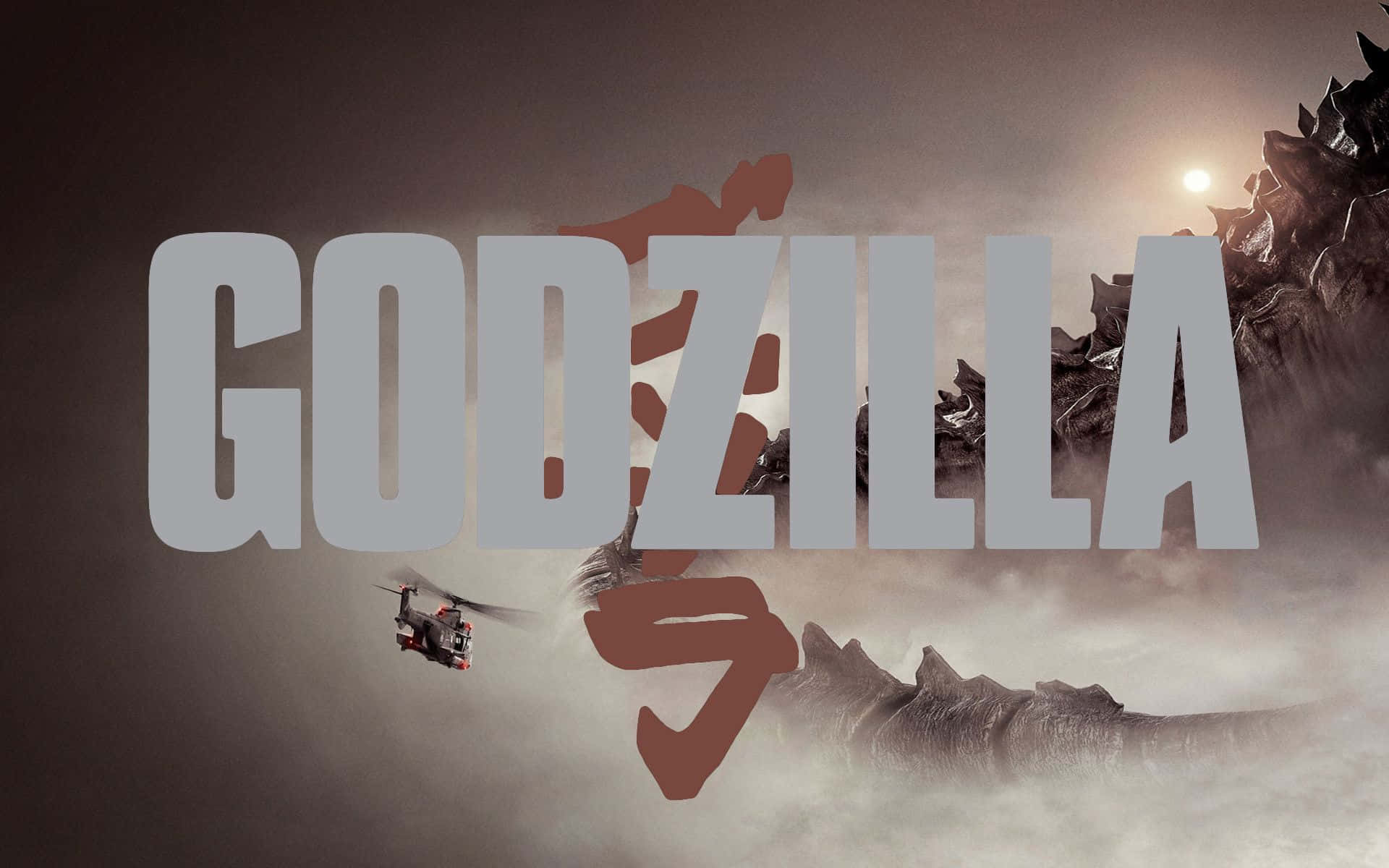 Godzilla 2014 桌布 壁紙 — 一隻巨大的哥吉拉從迷霧中出現，一架直升機在發光的太陽下飛過其龐大的身軀。