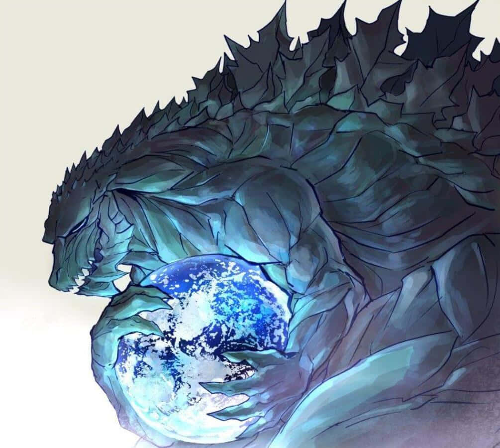 Godzilla Earth 桌布 壁紙 — 一隻巨大的哥吉拉用其巨大的爪手捧著一顆發光的藍色地球，背景為淡色。