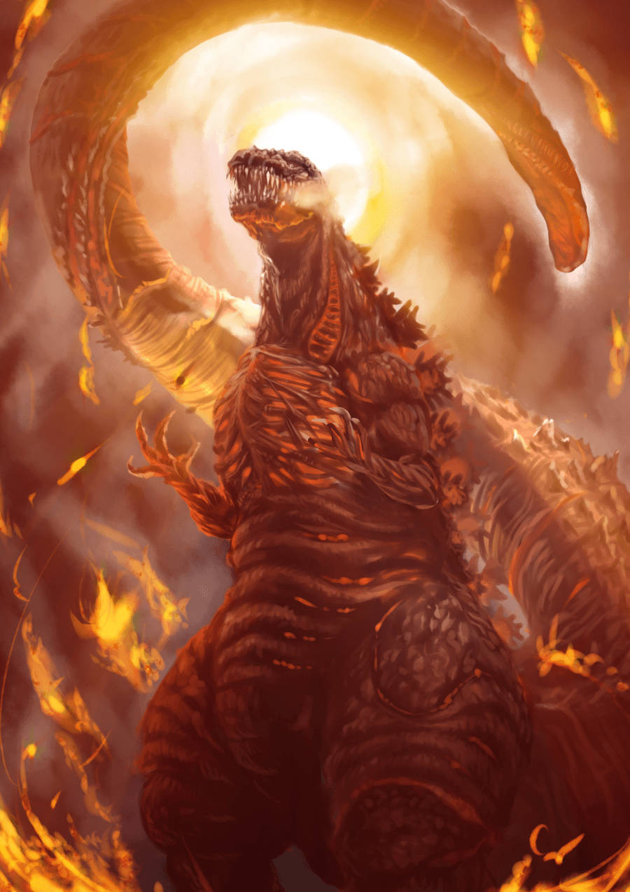 shin godzilla 桌布 壁紙 — 一隻巨大的哥吉拉站在旋轉的火焰和煙霧中，揚起的頭後方有一顆發光的太陽。