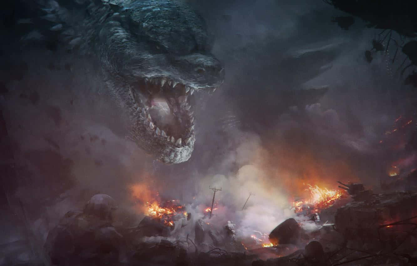 Burning Godzilla 桌布 壁紙 — 一隻巨大的哥吉拉聳立在燃燒的城市景觀之上，火焰和煙霧從被摧毀的建築物中升起。