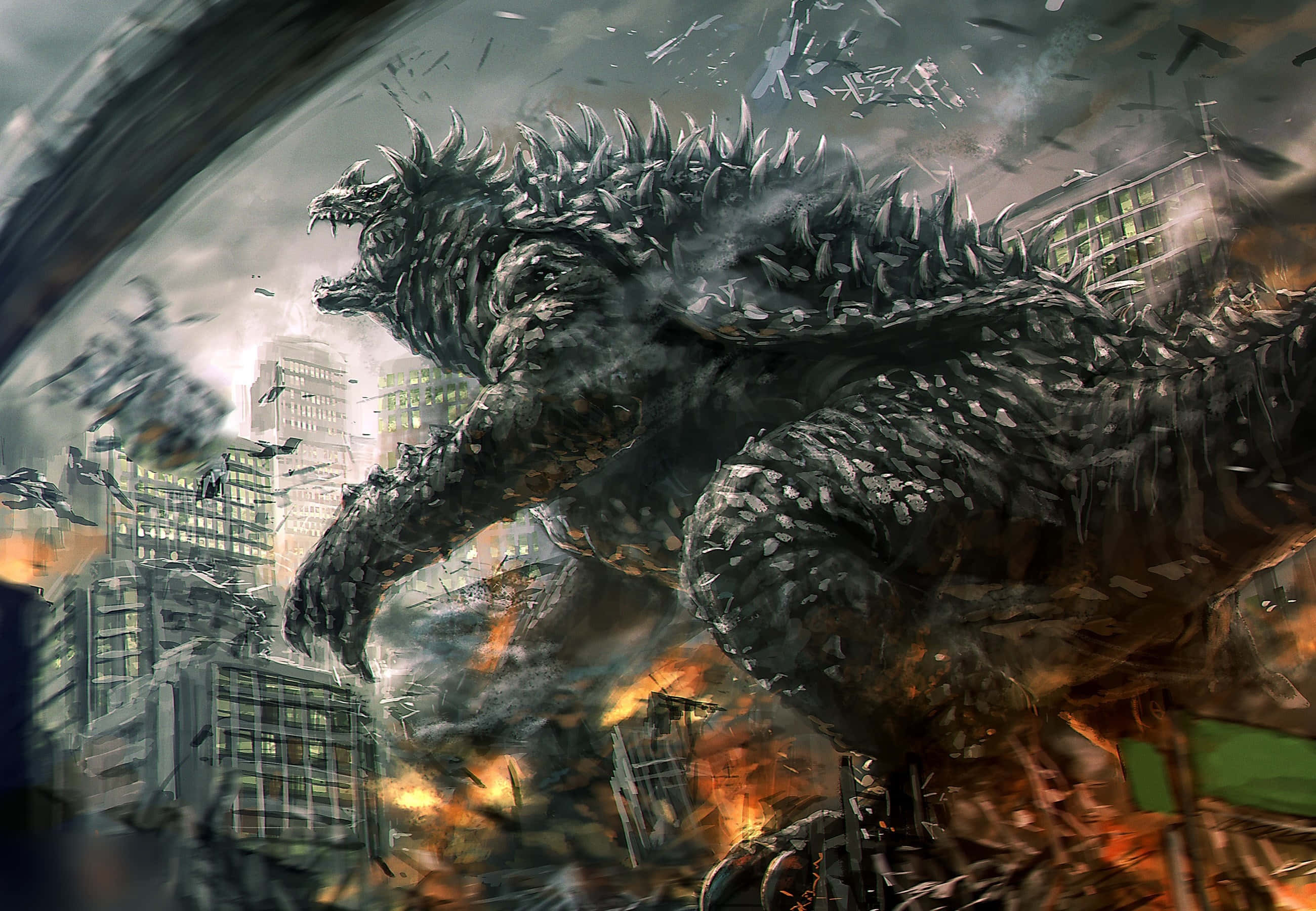 attack 桌布 壁紙 — 一隻巨大的哥吉拉踩過燃燒的城市景觀，壓碎摩天大樓，並在火熱的爆炸中將碎片飛散。