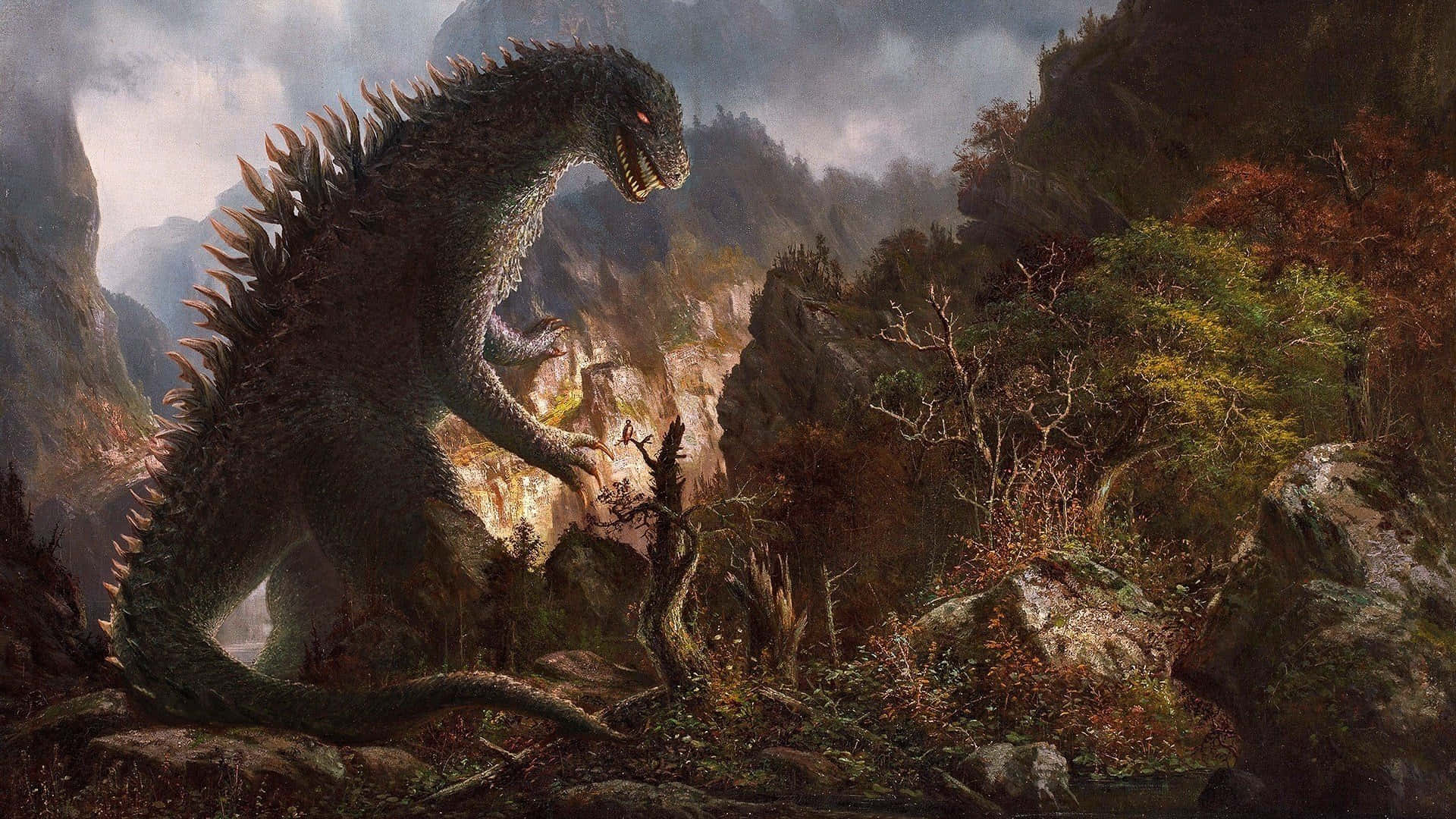 godzilla 1998 桌布 壁紙 — 一隻巨大的哥斯拉矗立在崎嶇的山地森林中，周圍是秋天的樹葉，天空風暴密佈。