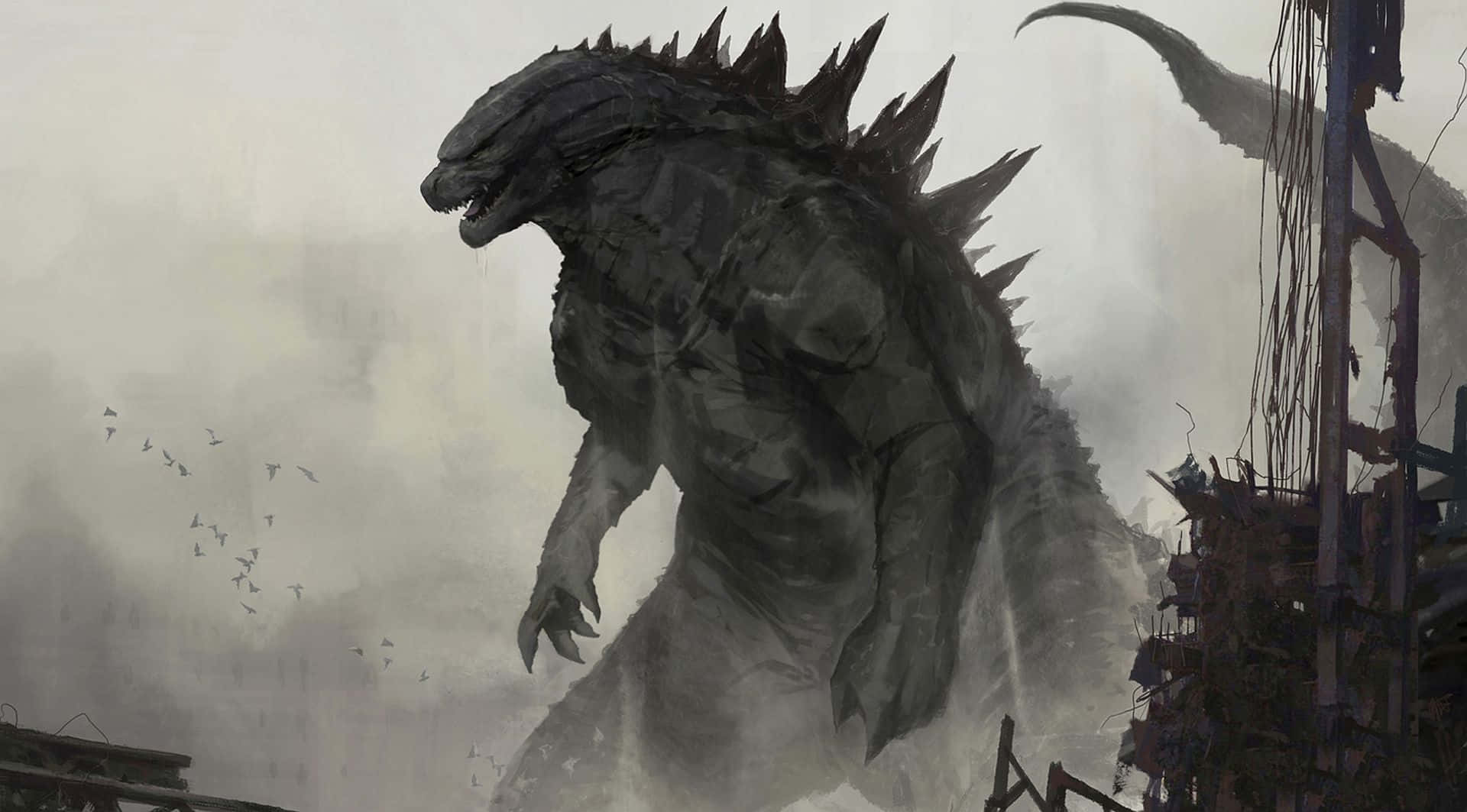 Godzilla 2014 桌布 壁紙 — 一隻巨大的哥斯拉矗立在廢墟般的城市建築中，天空灰濛濛，遠處鳥兒正在逃離。