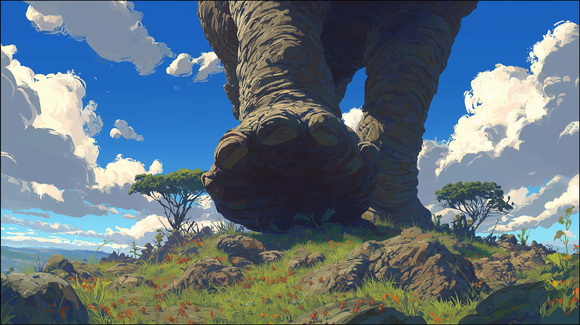 Massive Elephant Feet on Grassy Hillside Under Blue Sky 壁紙 — 一隻巨大的大象腳輕輕地放在陽光明媚的稀樹草原上，點綴著野花和金合歡樹，在明亮的藍天下有蓬鬆的雲彩。