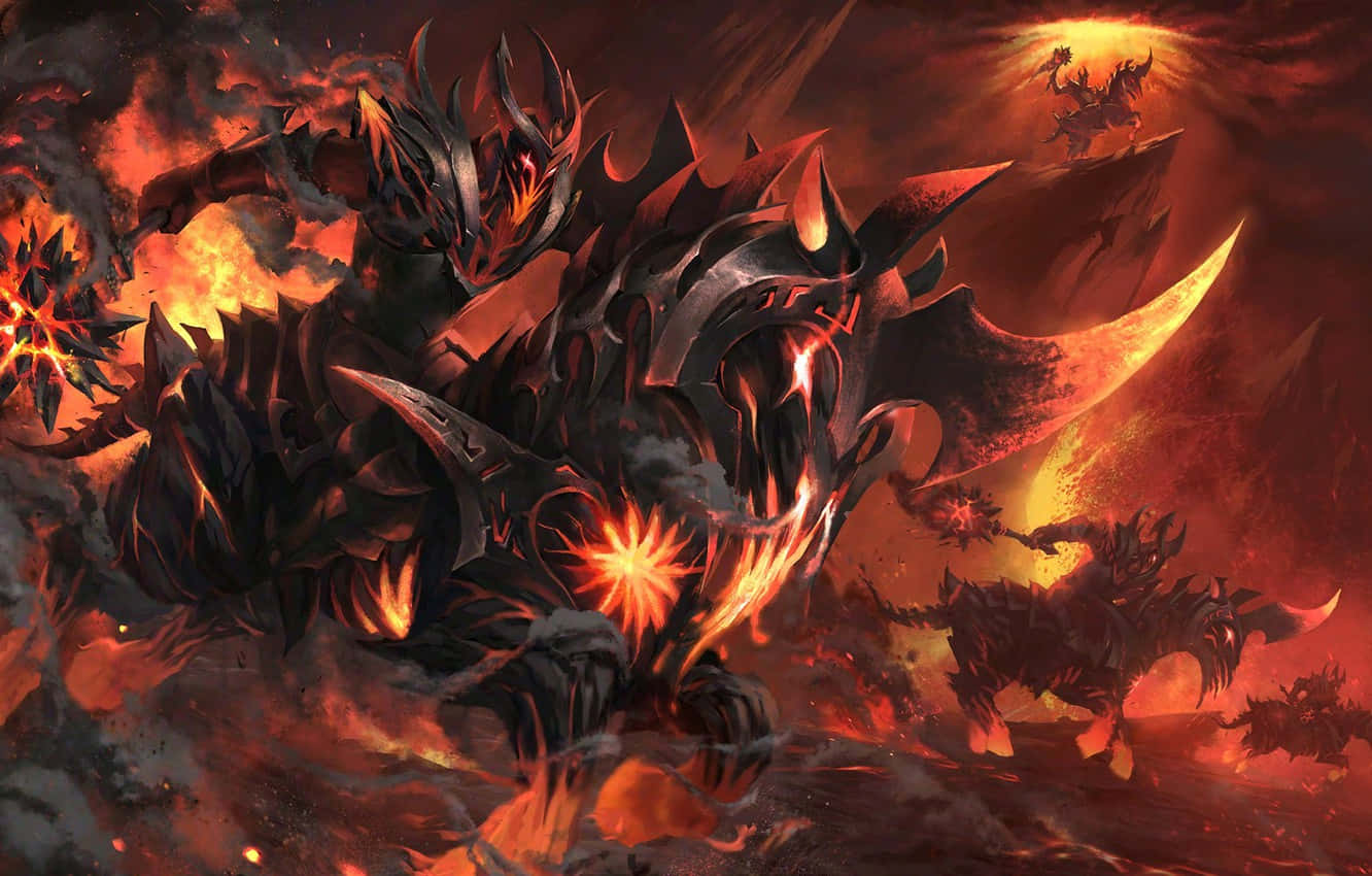 Chaotic 桌布 壁紙 — 一隻巨大的惡魔龍，擁有發光的橙色眼睛和鋸齒狀的角，在血紅色的天空下，於熾熱的戰場上咆哮。