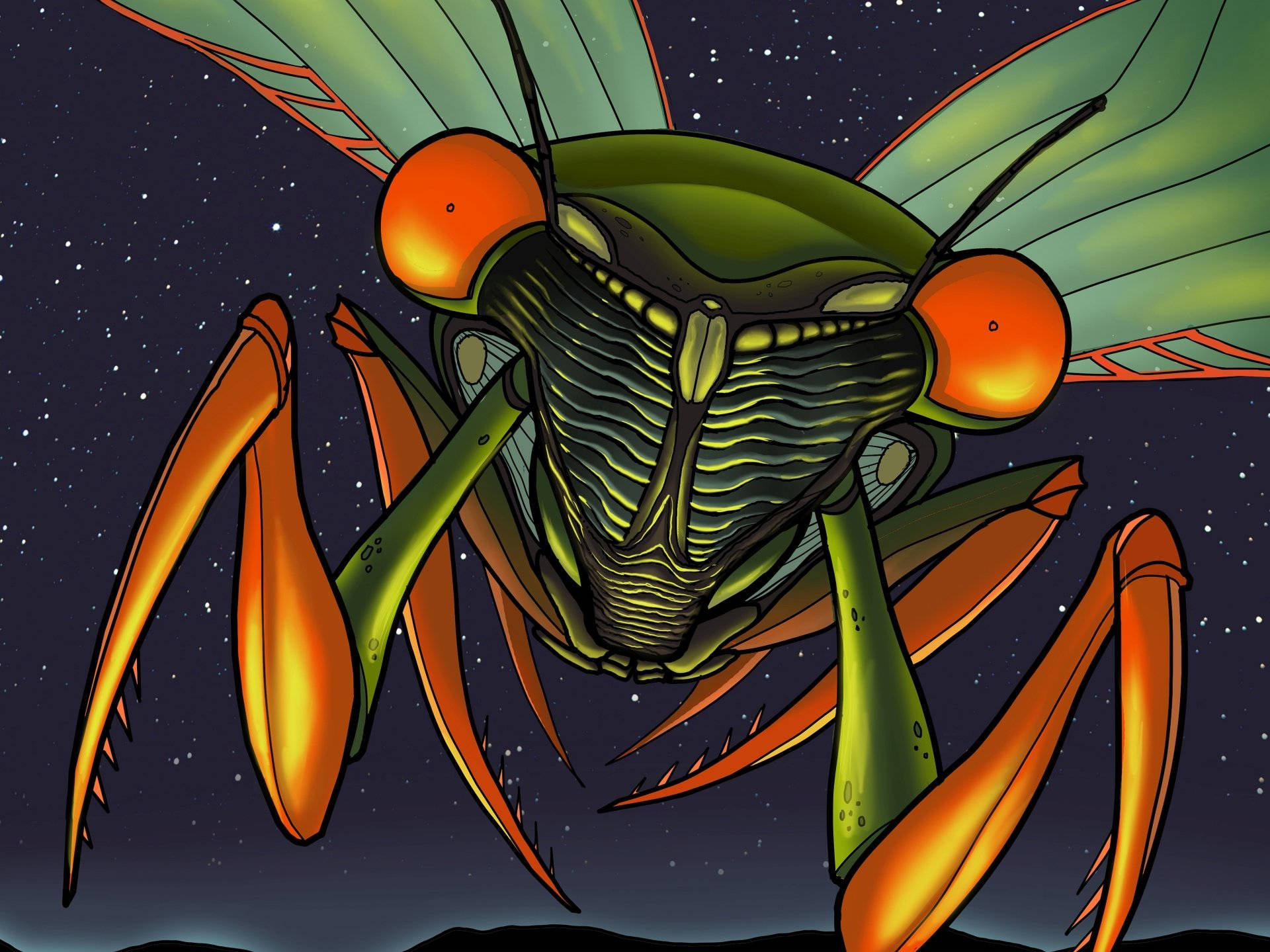 Cicada 桌布 壁紙 — 一隻巨大的插圖螳螂，擁有發光的橙色眼睛和綠色翅膀，在繁星點點的夜空中飛翔。