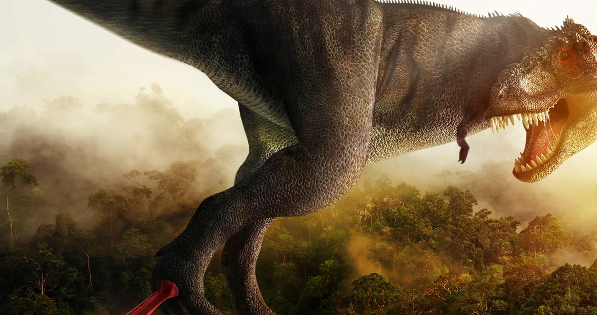 Dino 桌布 壁紙 — 一隻巨大的暴龍在黃金時刻，於霧氣瀰漫的叢林樹冠上方張牙咆哮。