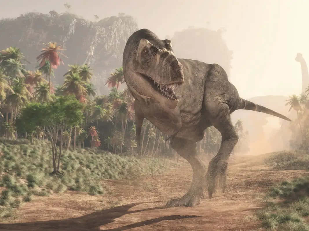 t-rex 桌布 壁紙 — 一隻巨大的暴龍穿過霧氣瀰漫的史前叢林，周圍是高聳的蕨類植物和遠山。