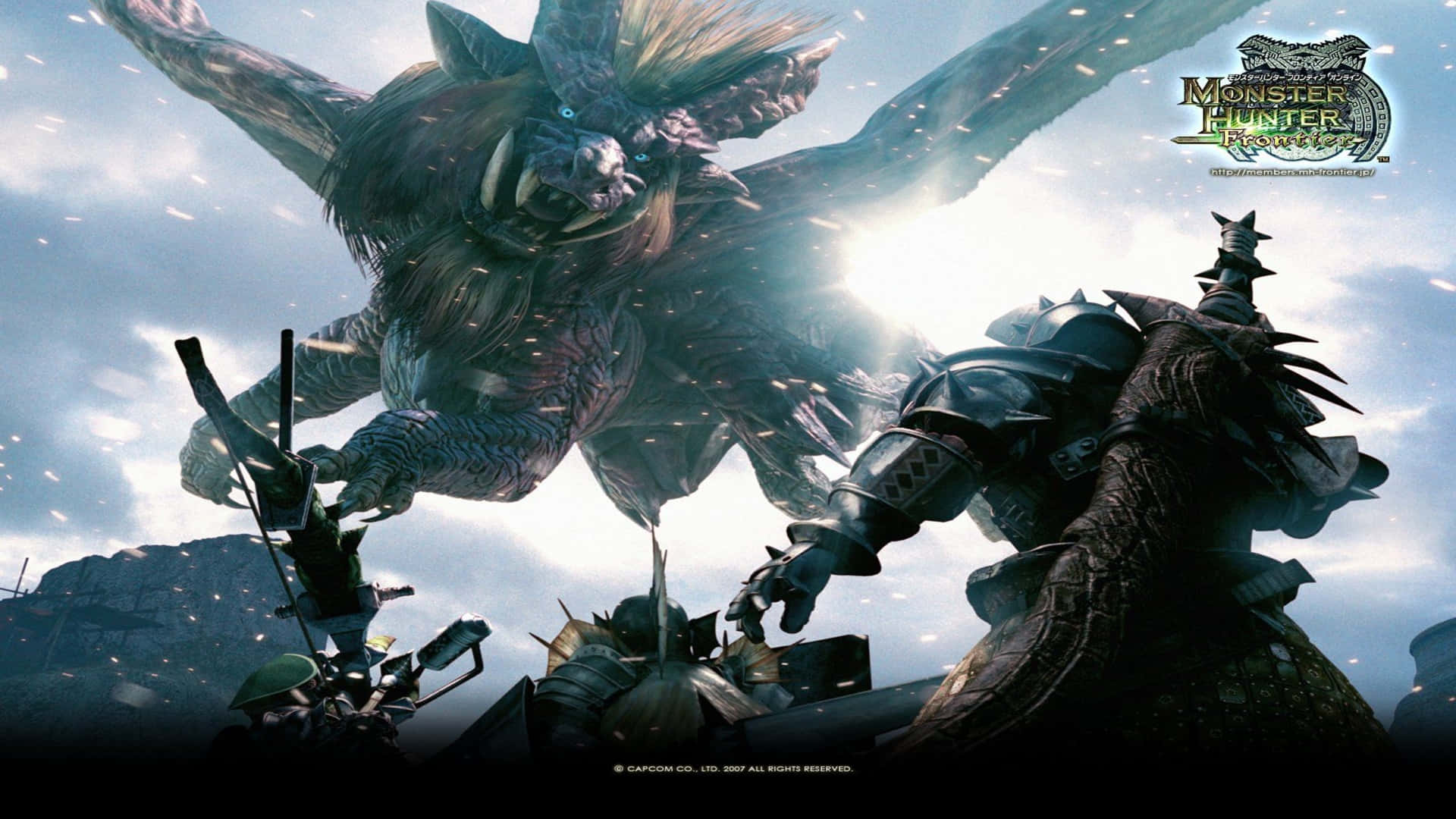 HD Monster Hunter World 桌布 壁紙 — 一隻巨大的有翼怪物籠罩著身穿盔甲的獵人，在戲劇性的陽光照射的戰鬥場景中。
