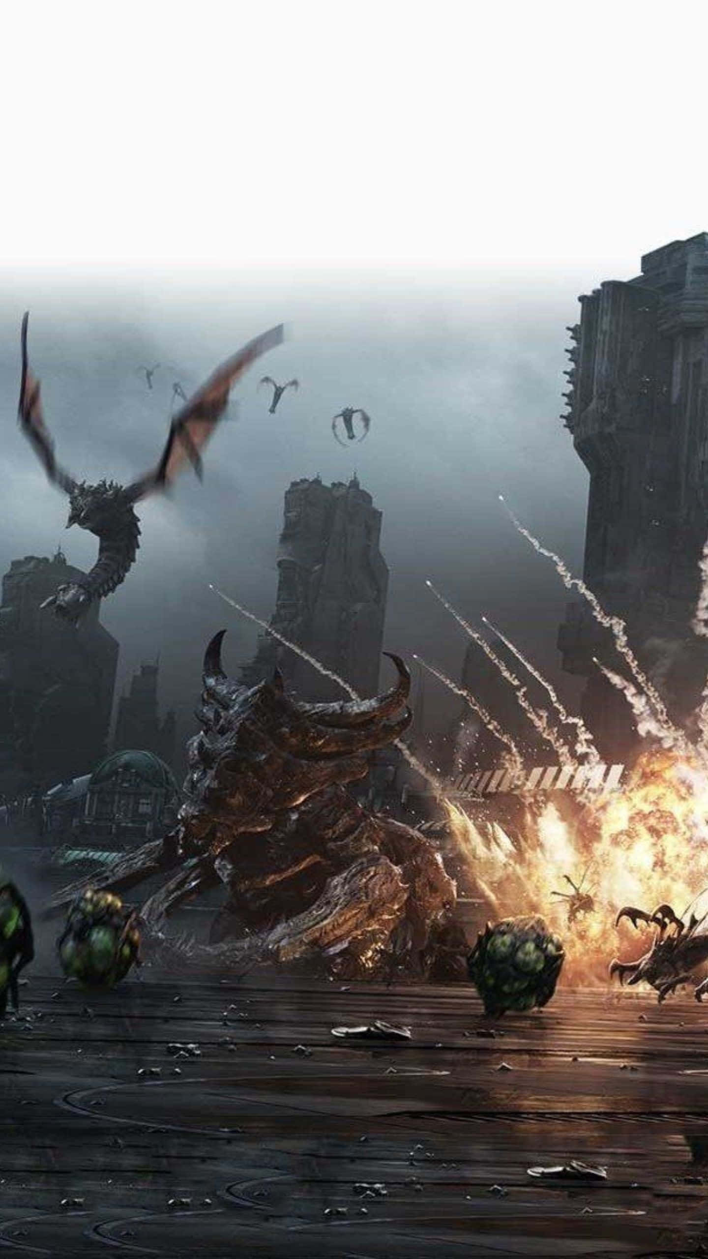 Android Starcraft Ii 桌布 壁紙 — 一隻巨大的有角怪物在廢墟城市塔樓中爆發火焰爆炸，而巨龍在暴風雨的天空中翱翔。