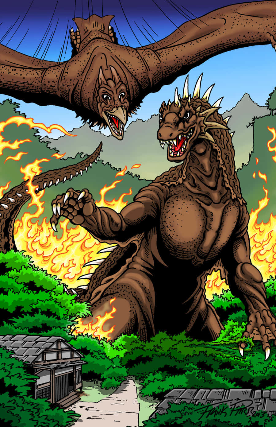 Godzilla Vs Gigan 桌布 壁紙 — 一隻巨大的棕色哥吉拉，背上有尖刺，眼睛發光，在熾熱的爆炸中咆哮，同時一隻巨大的翼龍俯衝到日本村莊上空。