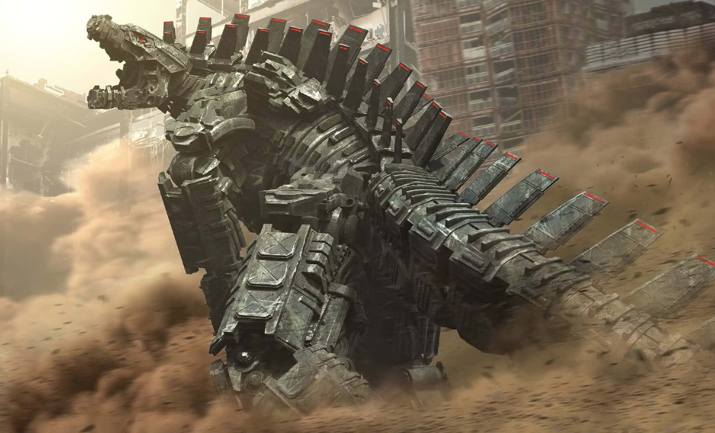 mechagodzilla 桌布 壁紙 — 一隻巨大的機械哥吉拉踏過塵土飛揚的廢墟城市景觀，揚起棕色碎屑的雲霧。