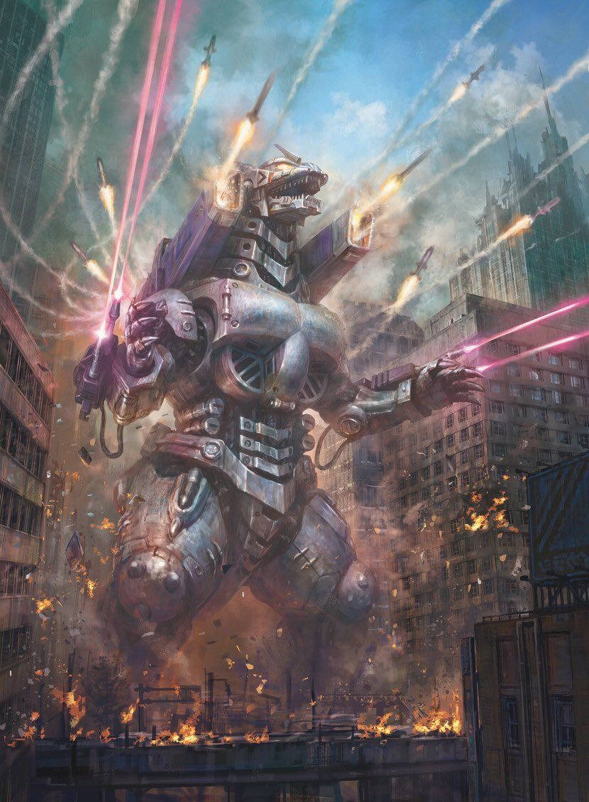 mechagodzilla 桌布 壁紙 — 一隻巨大的機械怪獸，配備發光炮管，在燃燒的城市景觀中發射粉紅色雷射，周圍的摩天大樓隨之倒塌。