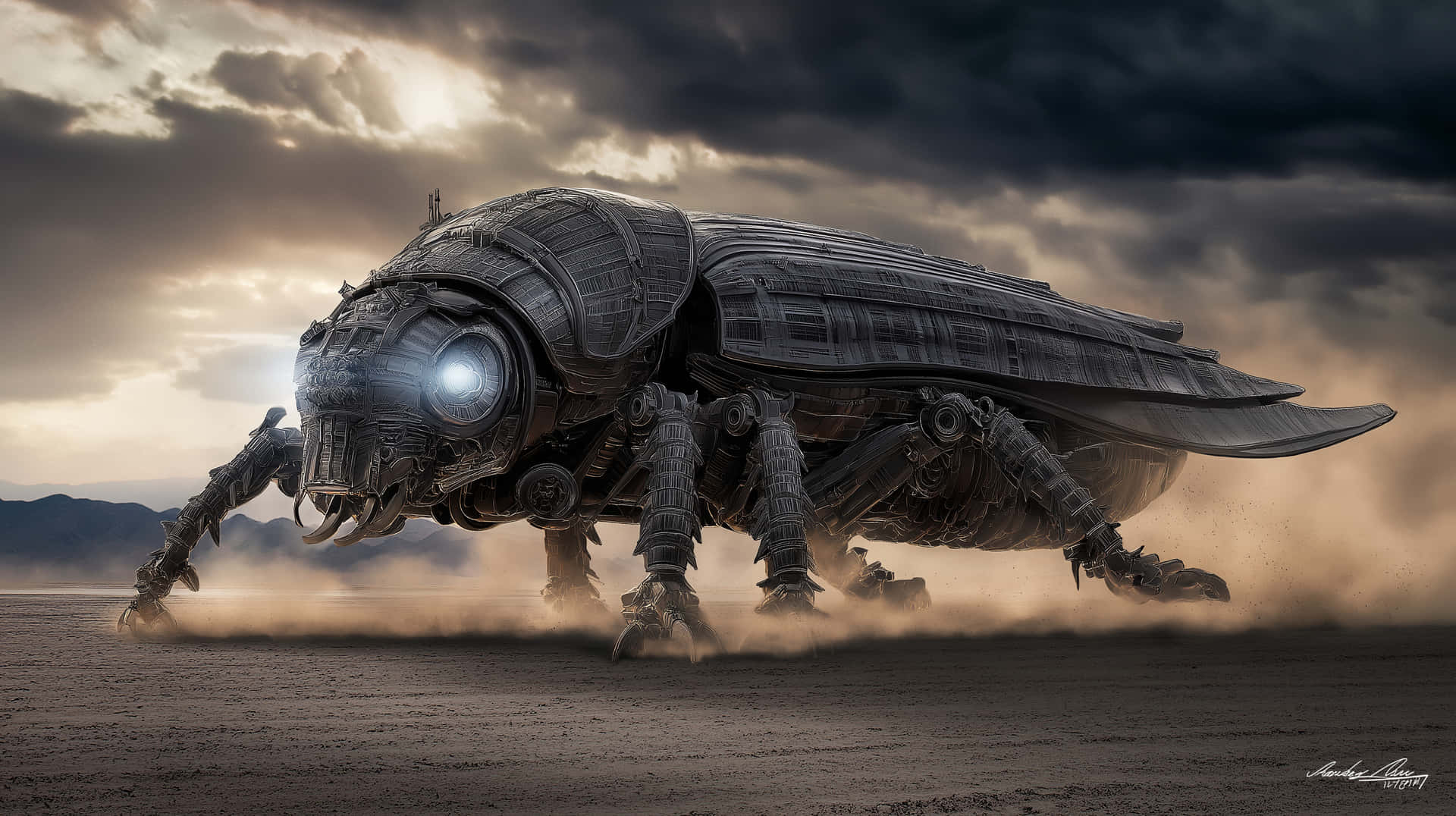 Imposing Mechanical Beetle Traversing Arid Landscape 壁紙 — 一隻巨大的機械甲蟲，擁有發光的藍色眼睛和裝甲外骨骼，在風暴天空下穿越塵土飛揚的沙漠。