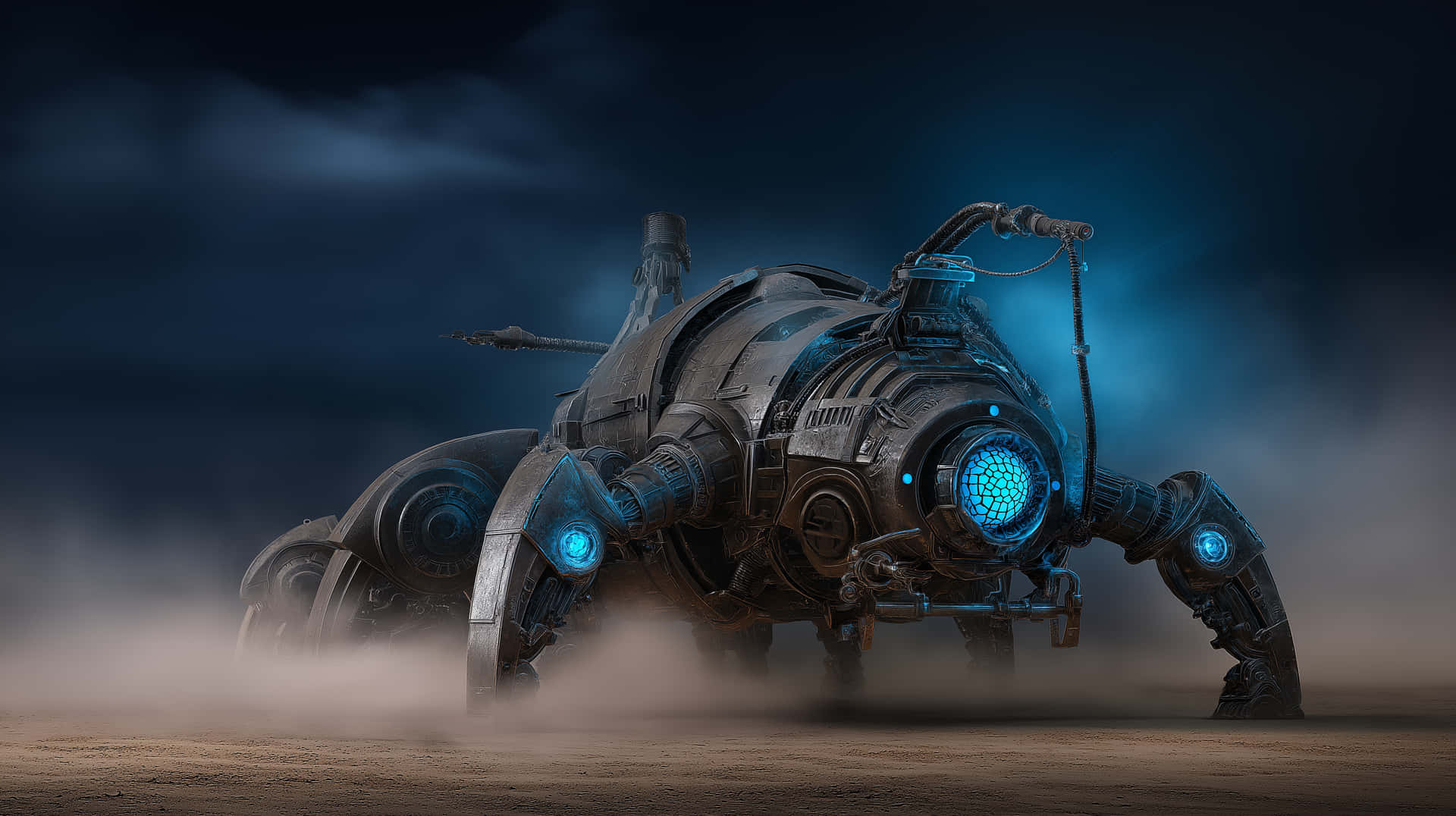 Luminous Mechanical Beetle: Sci-Fi Desert Wanderer 壁紙 — 一隻巨大的機械蜘蛛，帶有發光的藍色眼睛和關節，在黑暗的暴風雨天空下穿過塵土飛揚的沙漠。