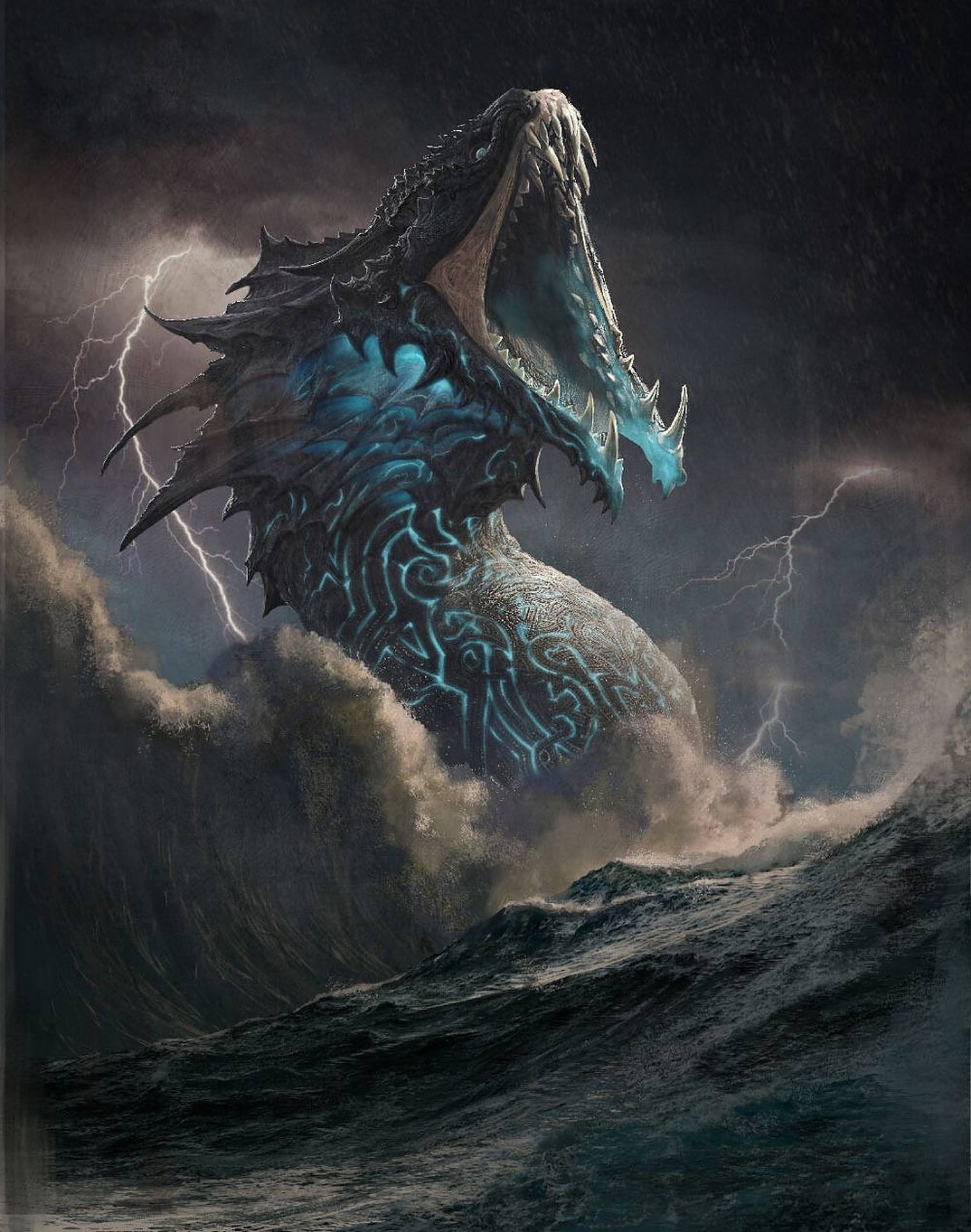 雷龍 桌布 壁紙 — 一隻巨大的海龍，帶有發光的藍色鱗片，在閃電交加的天空下從暴風雨中湧現。