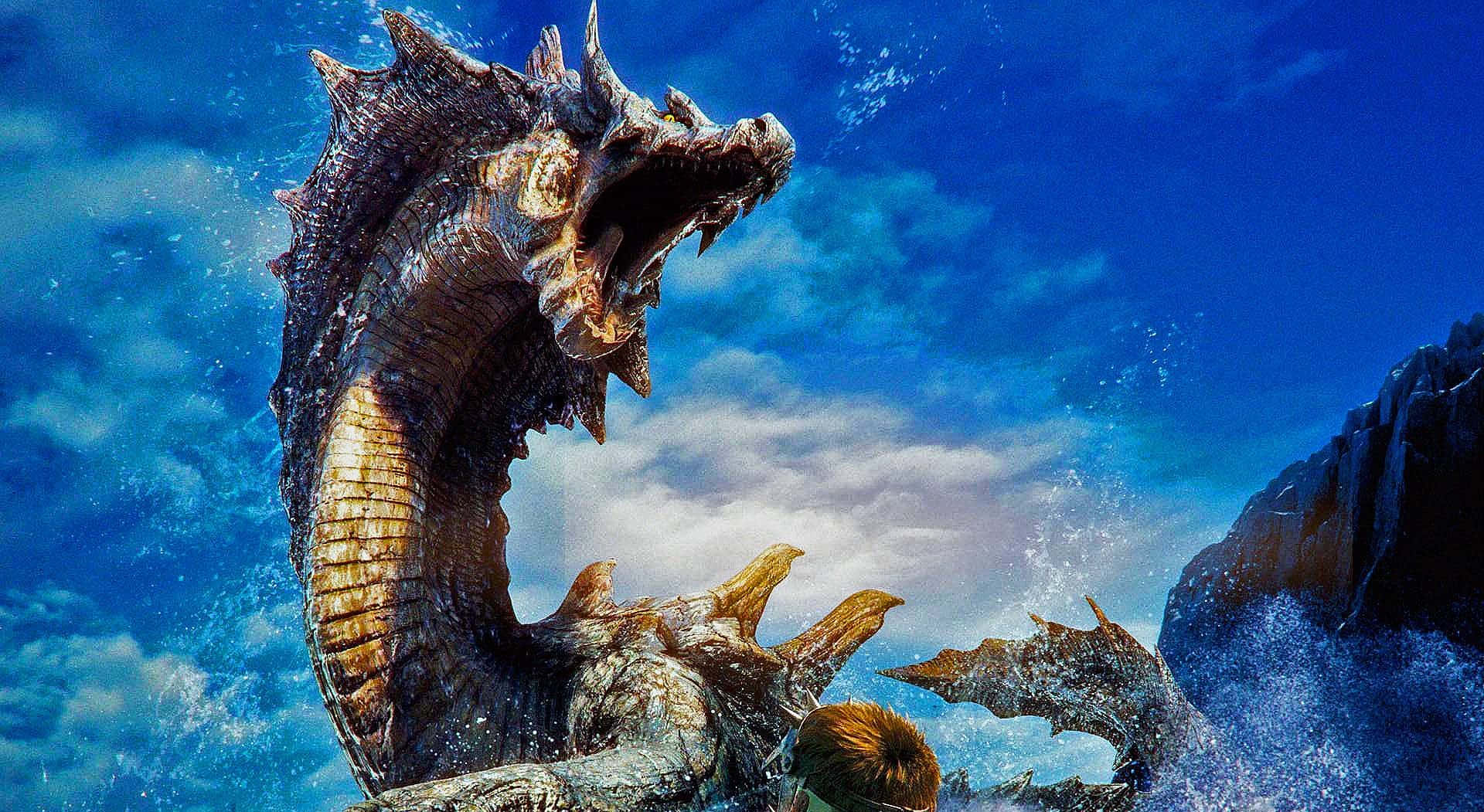 Monster Hunter Desktop 桌布 壁紙 — 一隻巨大的海龍在蔚藍的天空和零星雲朵下衝破海浪。