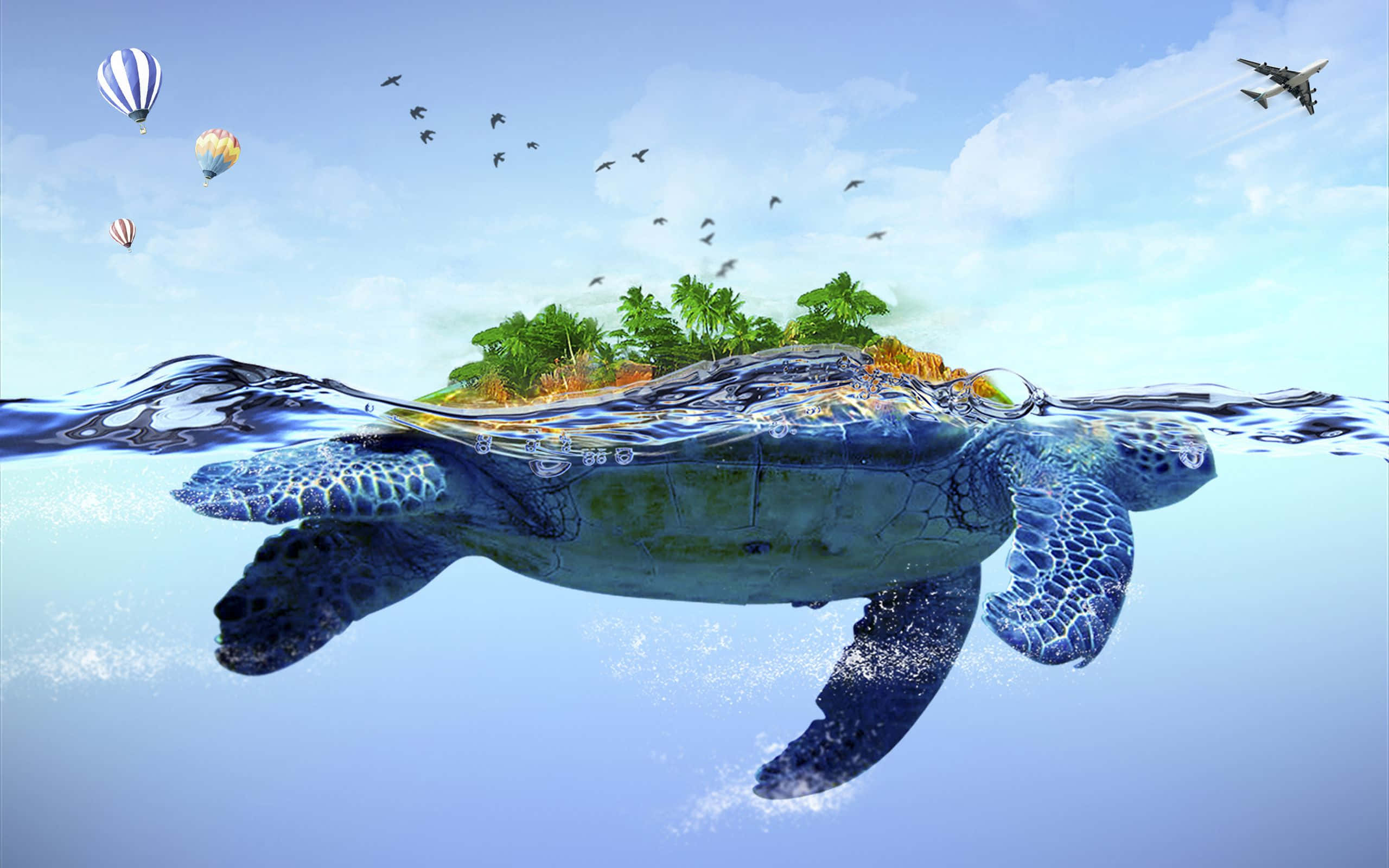 Turtle 桌布 壁紙 — 一隻巨大的海龜背著一個茂密的熱帶島嶼，熱氣球和飛機在頭頂飛過。