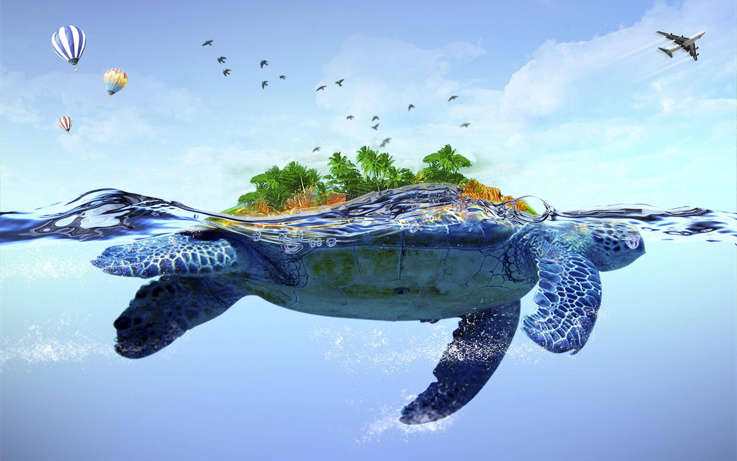 Turtle 桌布 壁紙 — 一隻巨大的海龜背著一個茂密的熱帶島嶼，熱氣球和噴射機在頭頂飛過。
