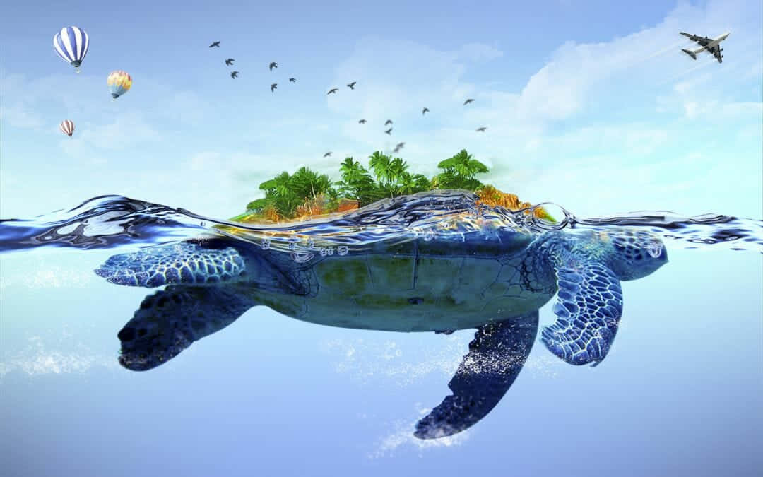 Baby Turtle 桌布 壁紙 — 一隻巨大的海龜背著一個茂密的熱帶島嶼，熱氣球和噴射機在超現實的天空中飛過。