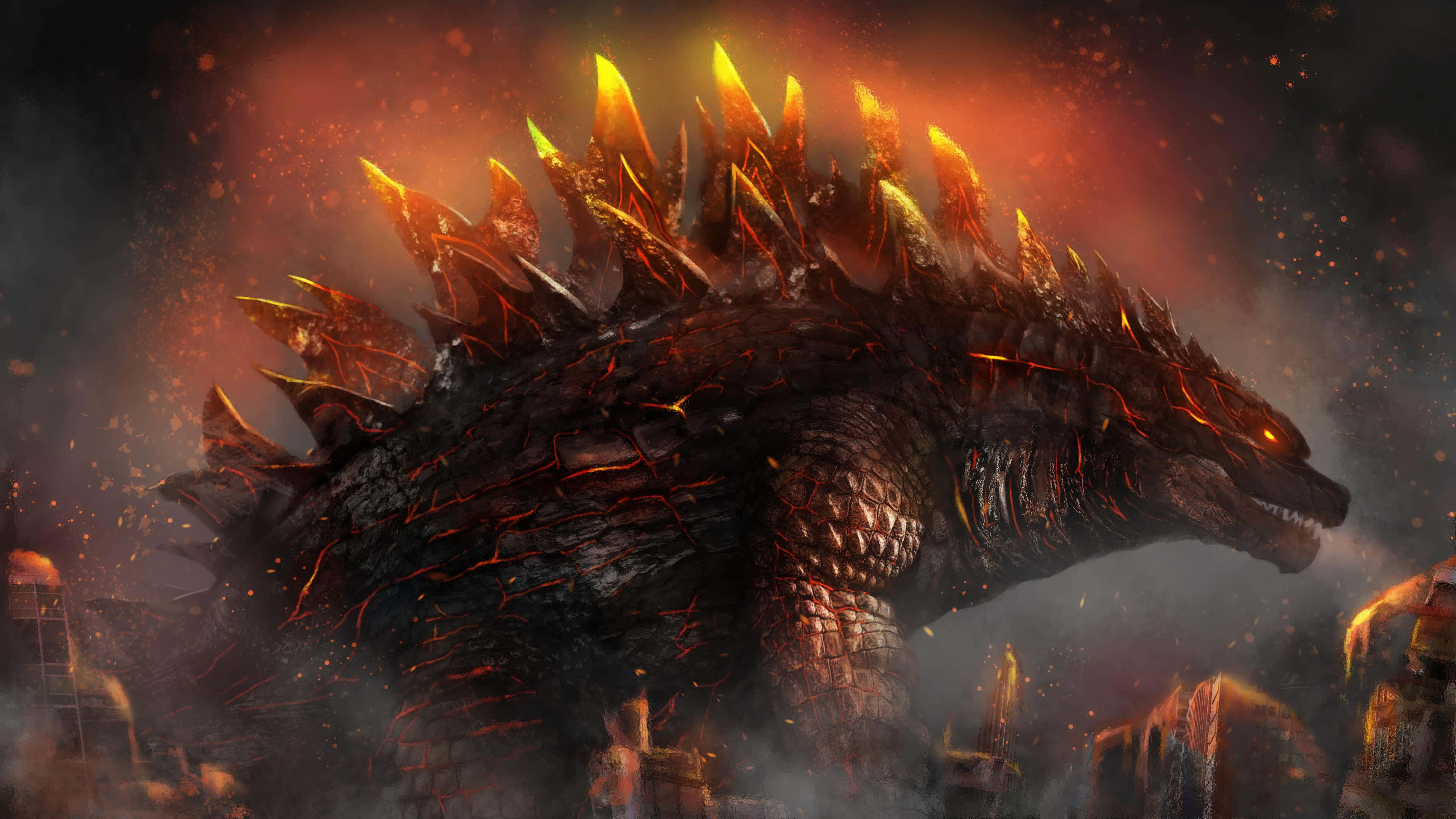Godzilla 2014 桌布 壁紙 — 一隻巨大的火焰哥吉拉，背鰭發光，在煙霧瀰漫的橙色天空下，於燃燒的城市景觀中咆哮。