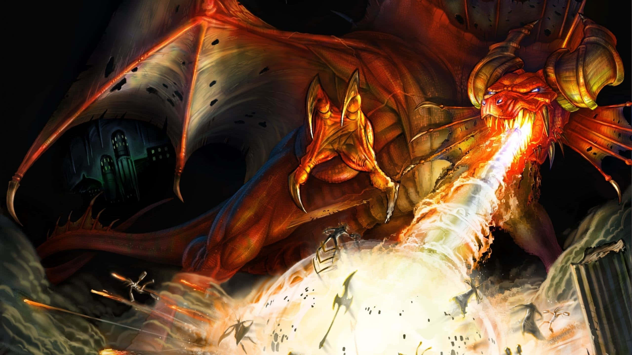 Dungeons And Dragons 桌布 壁紙 — 一隻巨大的火焰巨龍在夜晚向著崩塌的城市景觀釋放出刺眼的火焰光束。