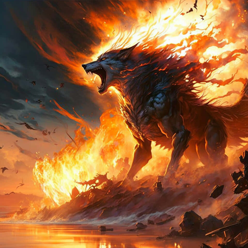 Mythical Wolf 桌布 壁紙 — 一隻巨大的火焰狼在烈焰與烏雲的風暴中，於破碎的大地上咆哮。