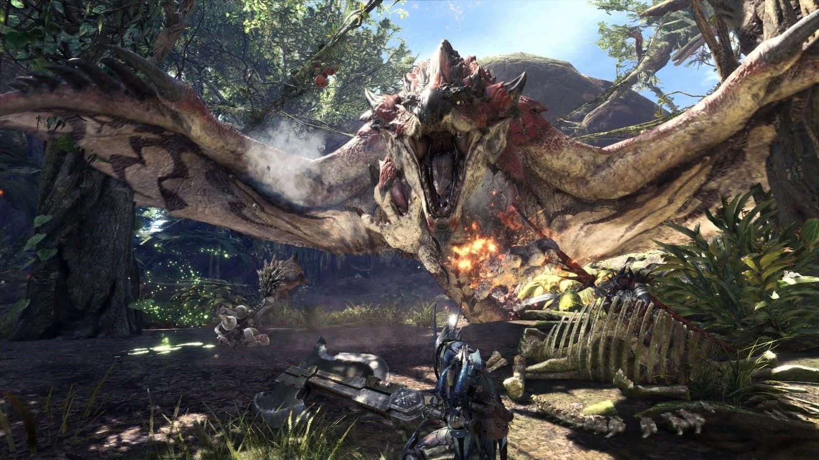 Monster Hunter Desktop 桌布 壁紙 — 一隻巨大的火焰翅膀怪物在陽光明媚的叢林中咆哮，而獵人從下方瞄準武器。
