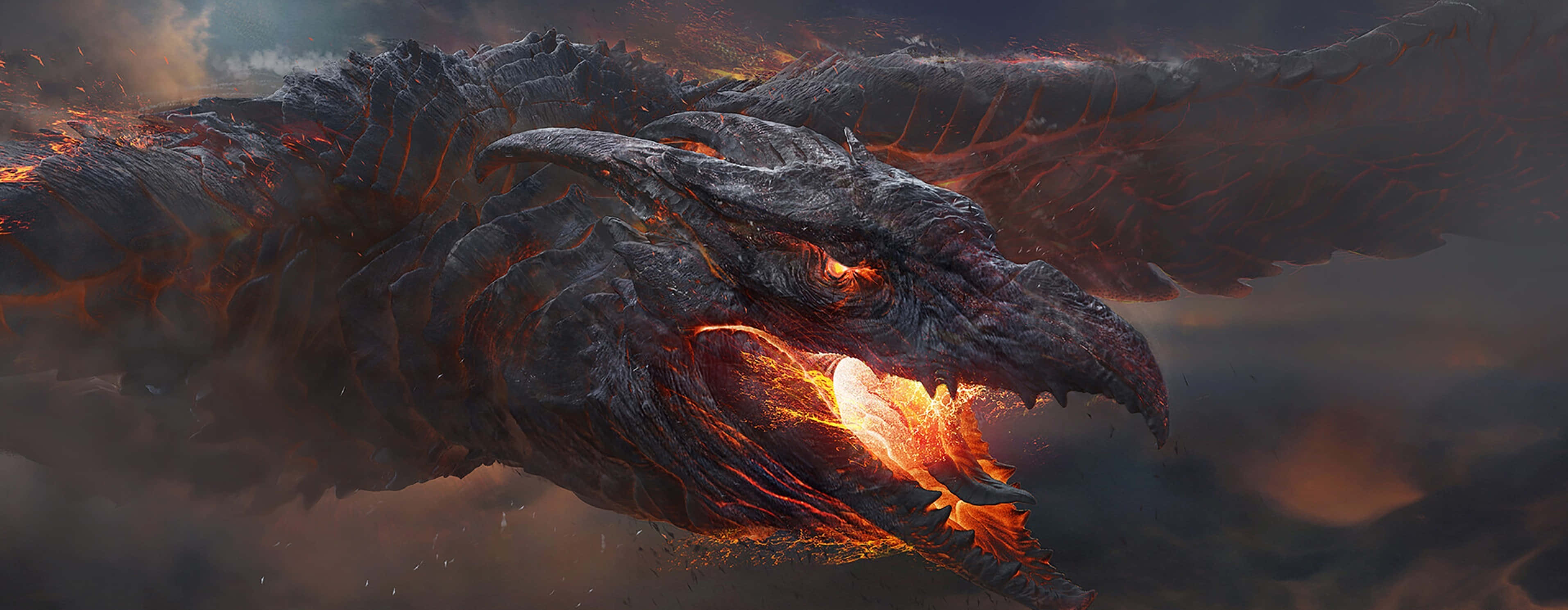 Rodan 桌布 壁紙 — 一隻巨大的火焰龍，擁有發光的橙色眼睛和熔岩流過翅膀，在黑暗的暴風雨中翱翔。