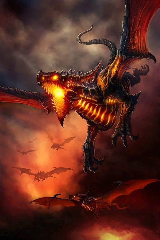 Fire Dragon 桌布 壁紙 — 一隻巨大的火焰龍，擁有發光的橙色眼睛和翅膀，在暴風雨的天空中翱翔，較小的龍在下方飛行。
