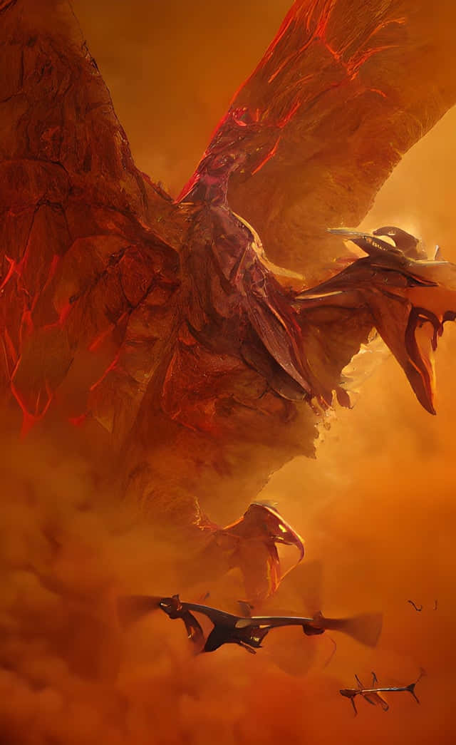Rodan 桌布 壁紙 — 一隻巨大的火焰龍在橙色的天空中翱翔，小型戰鬥機在旋轉的雲層中追逐它。