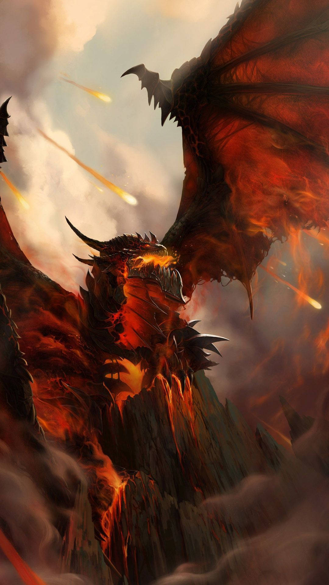 Fire Dragon 桌布 壁紙 — 一隻巨大的火龍，發光的眼睛和展開的翅膀，在流星劃過的暴風雨天空中咆哮。