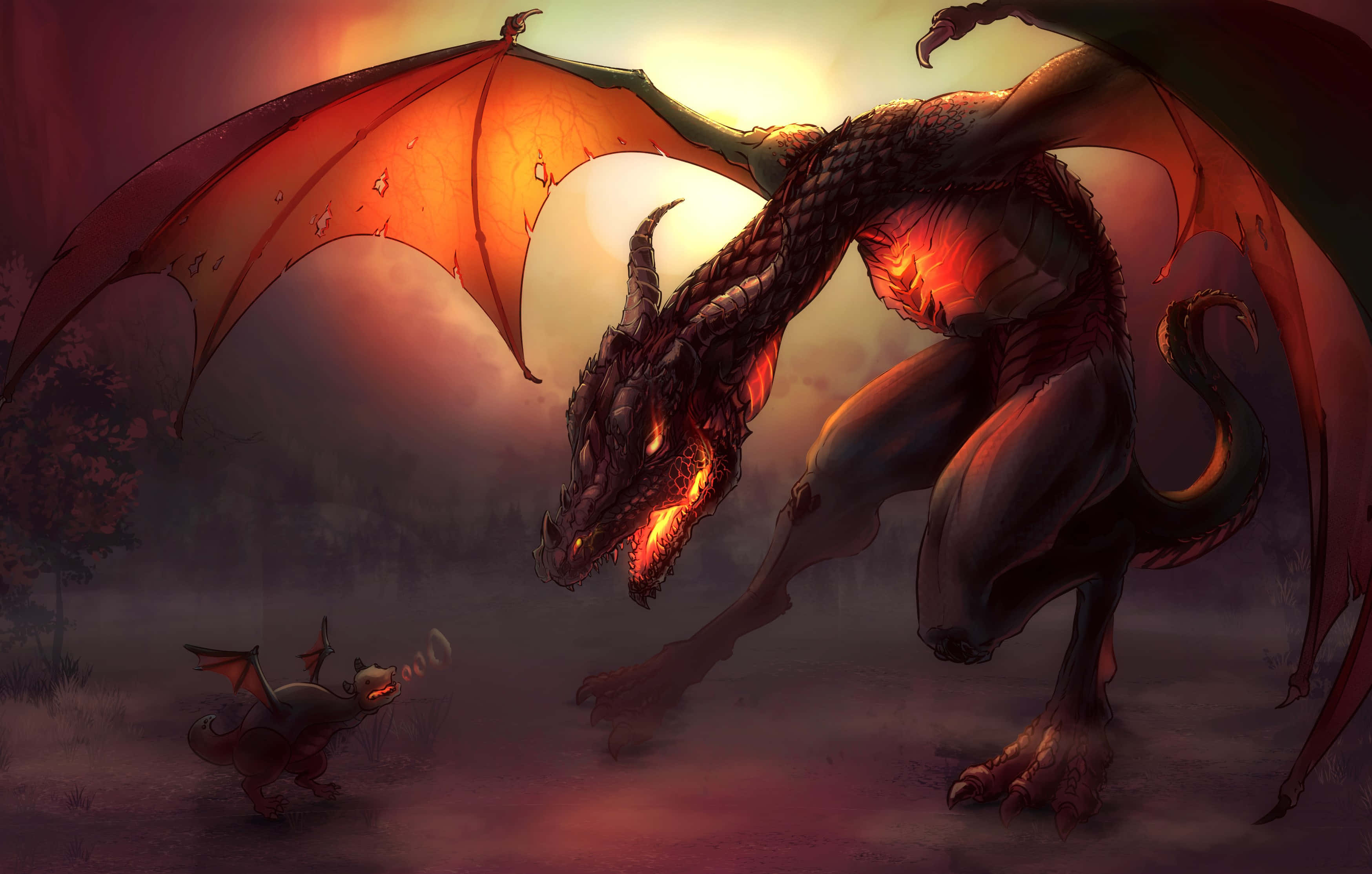 Mythical Dragon 桌布 壁紙 — 一隻巨大的火龍在燦爛的日落天空下俯視著一隻小龍。
