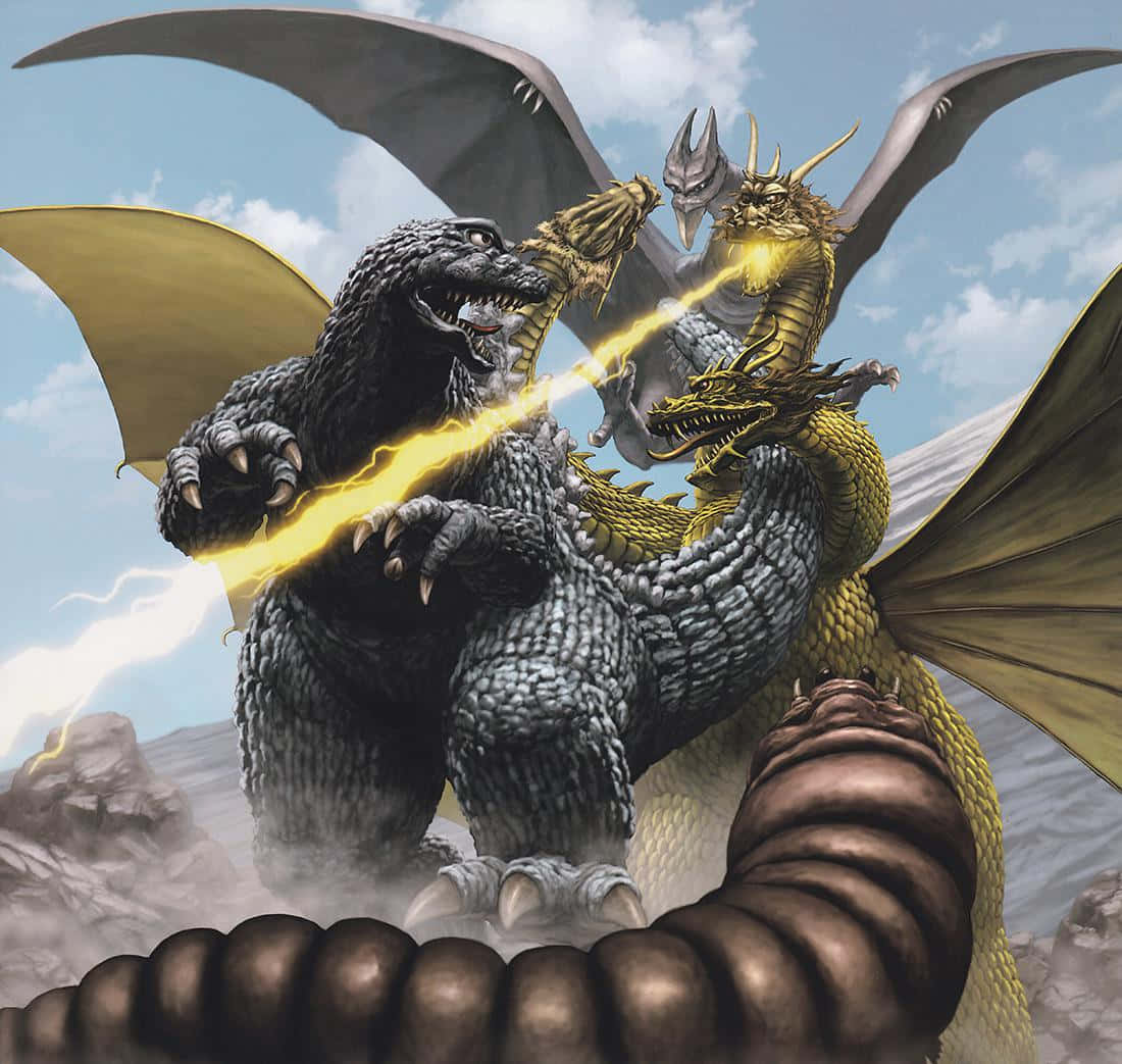 Godzilla Vs King Ghidorah 桌布 壁紙 — 一隻巨大的灰色哥吉拉在岩石地形上與一隻金色的三頭龍搏鬥，天空多雲。