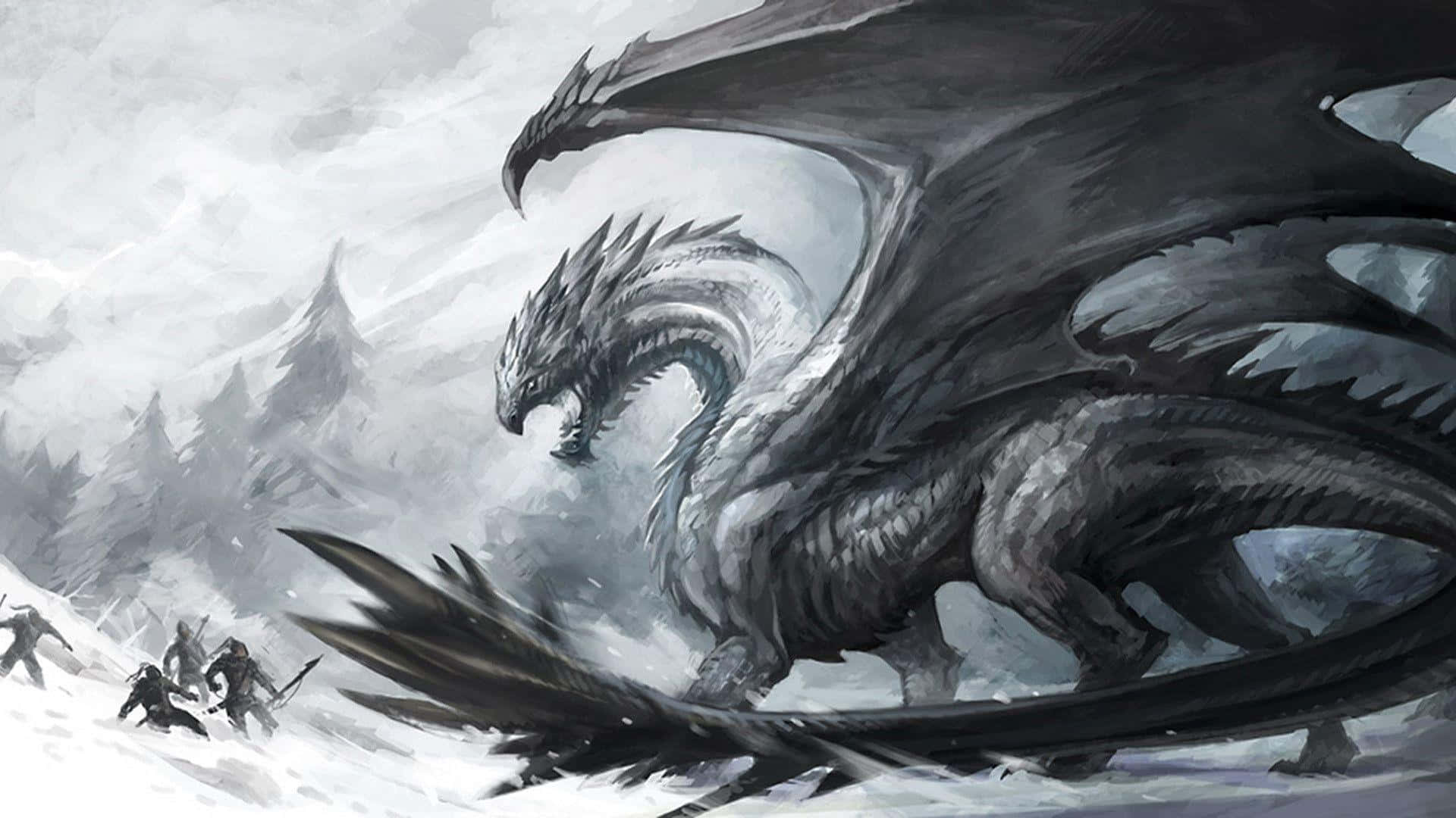 Black Dragon 桌布 壁紙 — 一隻巨大的灰色龍主宰著白雪皚皚的山景，而小戰士們則挑釁地站在下方。
