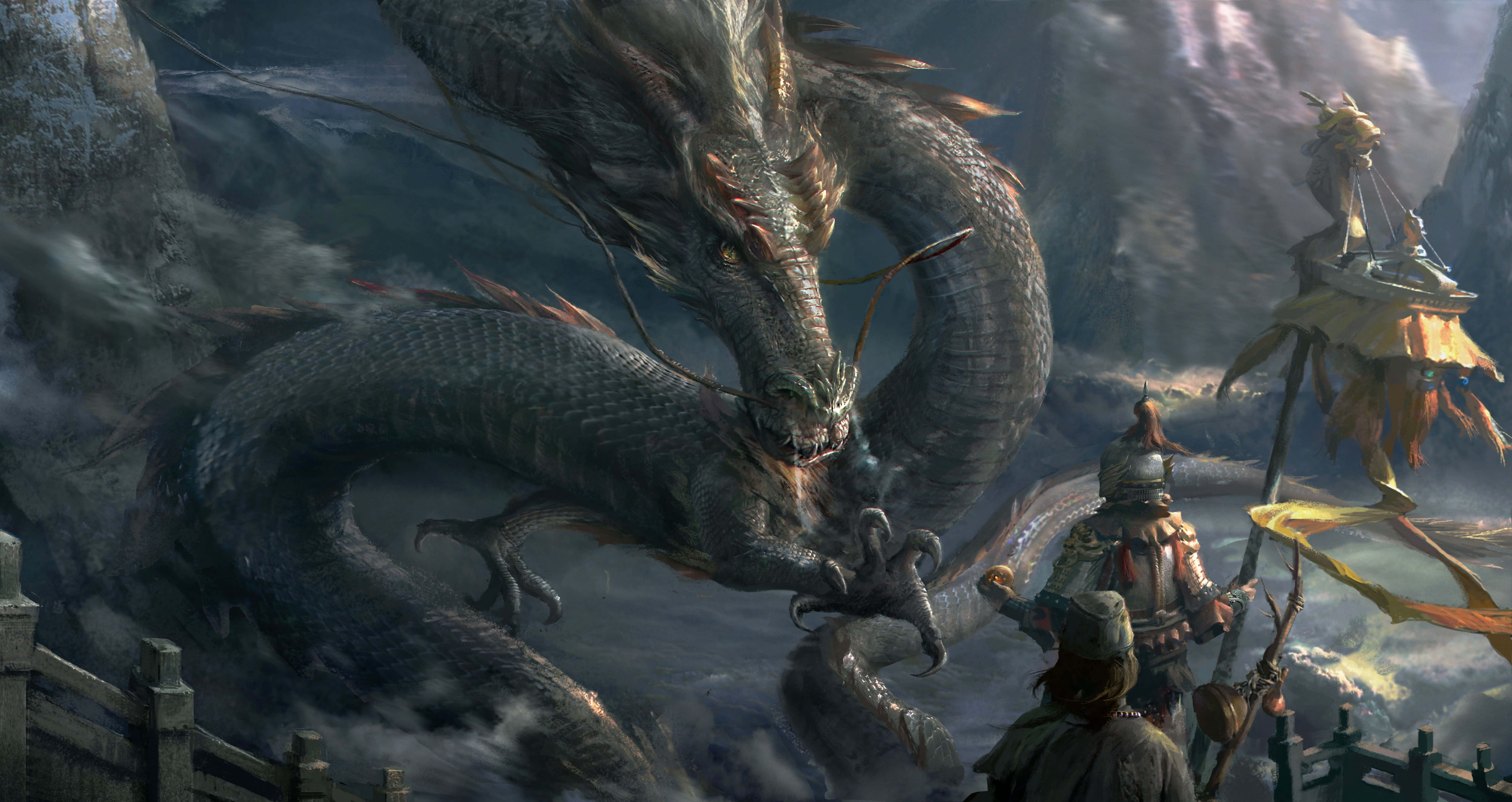 Mythical Dragon 桌布 壁紙 — 一隻巨大的灰色龍在懸崖上威脅性地盤繞，而身穿盔甲的戰士們在下方霧氣瀰漫的山景中準備就緒。