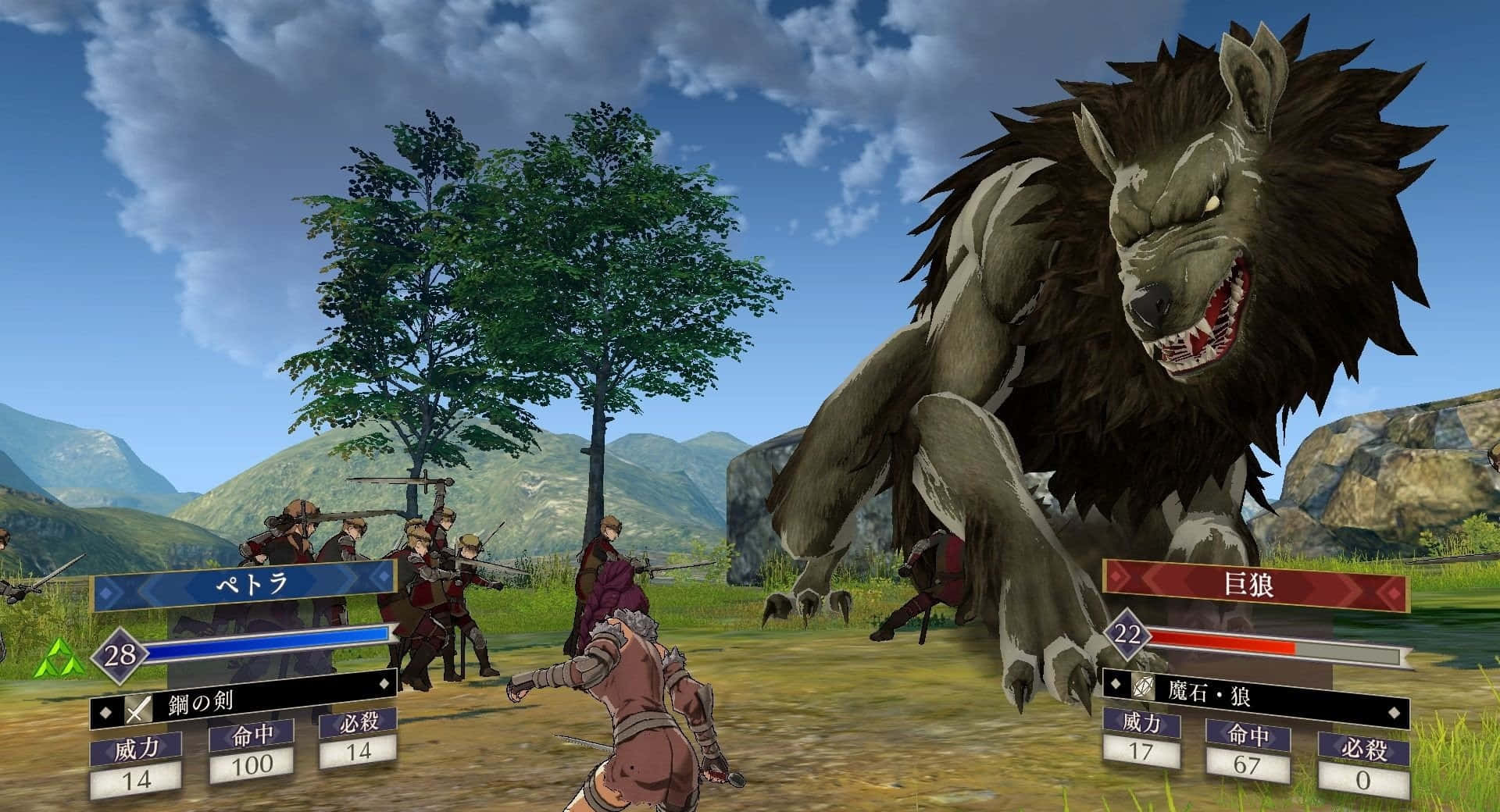 戰士們在山區戰場上與巨狼戰鬥。 — Fire Emblem Warriors 壁紙