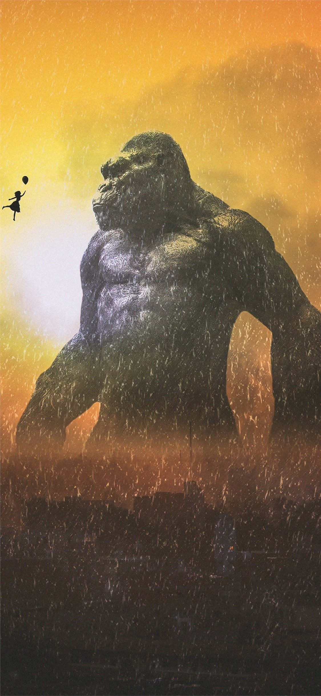 Gorilla 桌布 壁紙 — 一隻巨大的猩猩站在暴風雨中，一個拿著氣球的小女孩在金色的天空中飄過。
