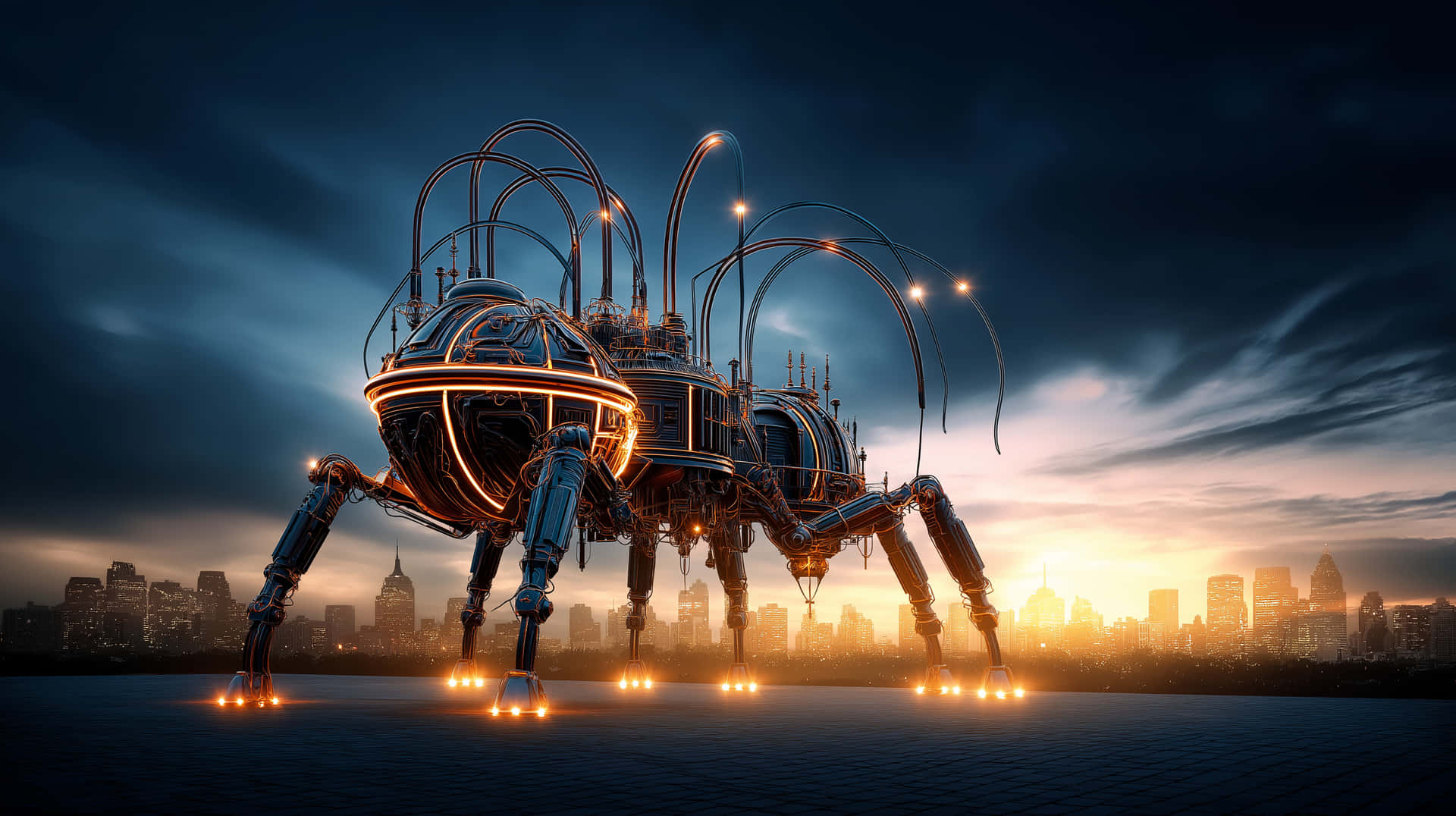 Giant Biomechanical Insect Approaching a City at Dusk 壁紙 — 一隻巨大的生物機械蜘蛛，帶有發光的橙色關節和拱形金屬肢體，站在日落時分城市天際線前的水面上。