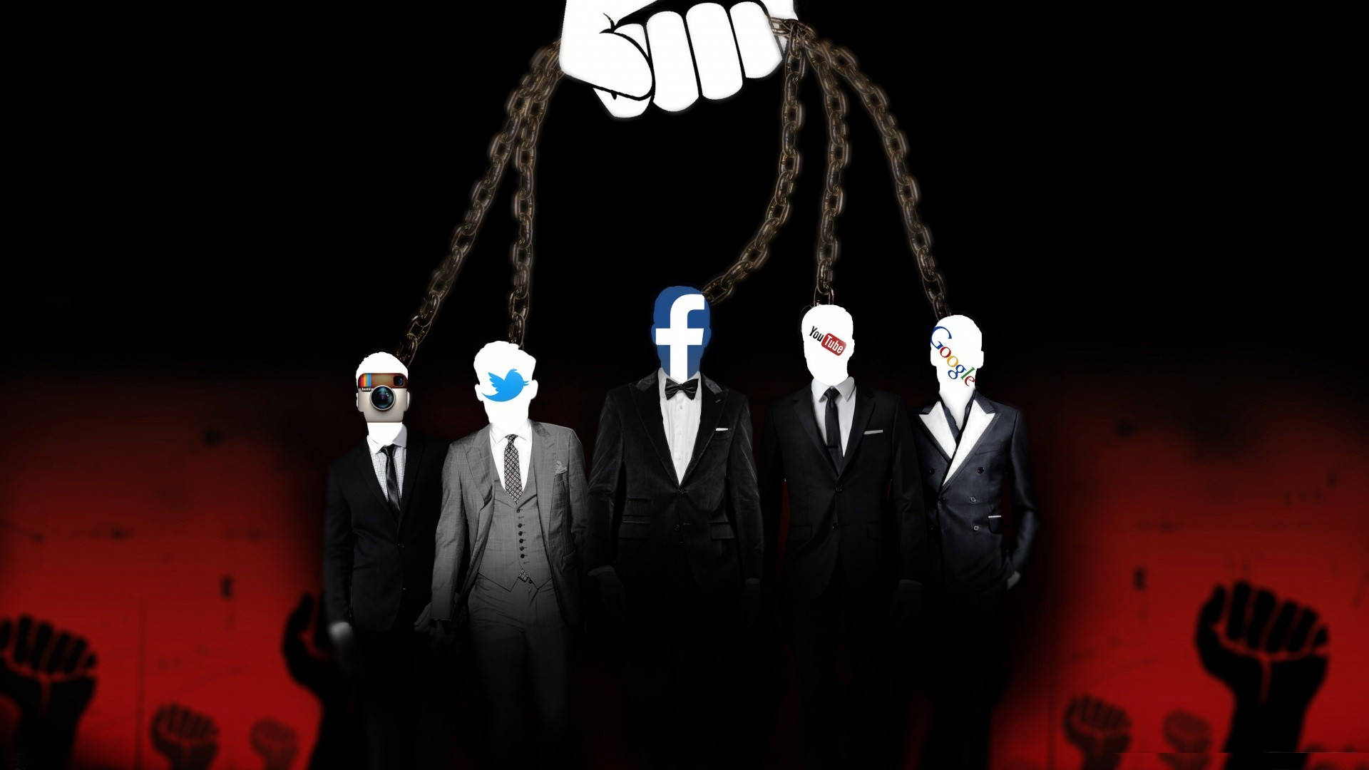 Social 桌布 壁紙 — 一隻巨大的白手用鎖鏈鎖住穿著商人服裝的社交媒體圖示，背景為紅色，有舉起的拳頭。