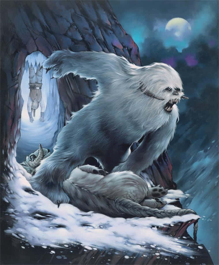 Wampa 桌布 壁紙 — 一隻巨大的白色雪人在雪洞中咆哮，而一個人影在發光的月亮下懸掛在冰架上。
